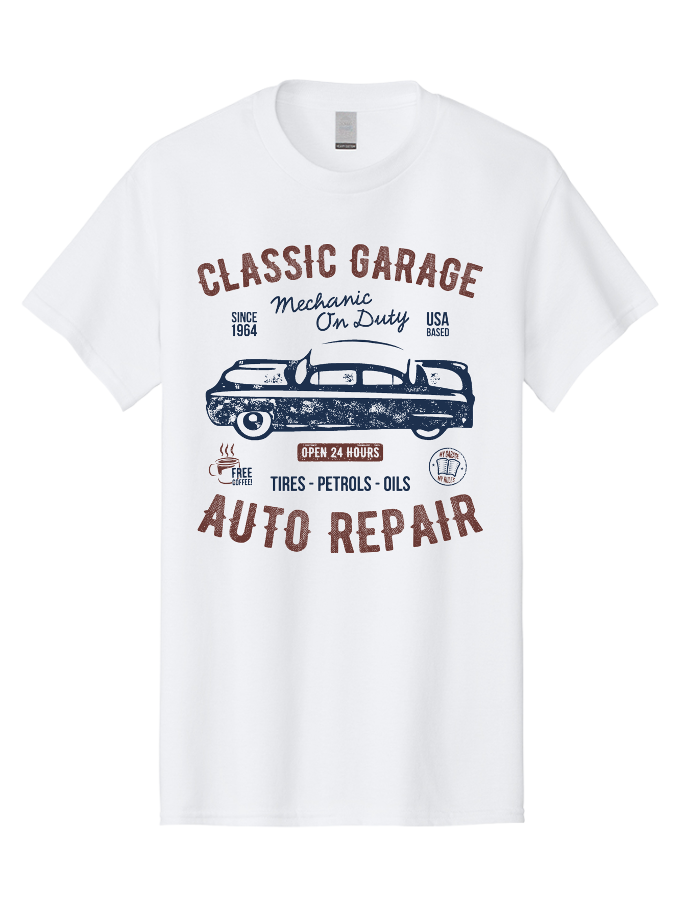 Classic-Garage-Auto-Repair Men'S Graphic Tee, 100% Cotton, Comfortable Casual Summer Wear, Machine Washable, Classic Car, Garage Services, 24-Hour Auto Repair, Mechanic On Duty, Tires, Petrols, Oils, Free Coffee, Usa-Based, Auto Repair Shop, Aab932