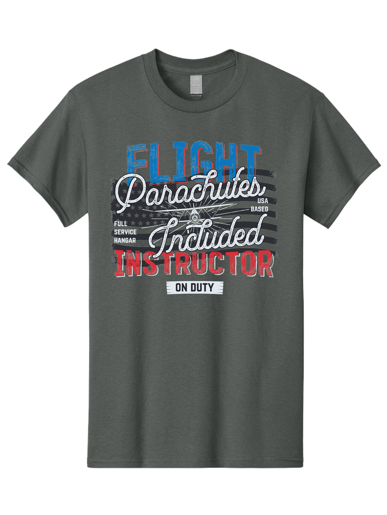 Flight-Parachutes-Included-Instructor Men'S Graphic Tee, 100% Cotton, Comfortable Casual Summer Wear, Machine Washable, Parachute Instructor, Usa Based, Full Service Hangar, On Duty, Flight Training, Parachute Lessons, Skydiving Instructor, Aab934