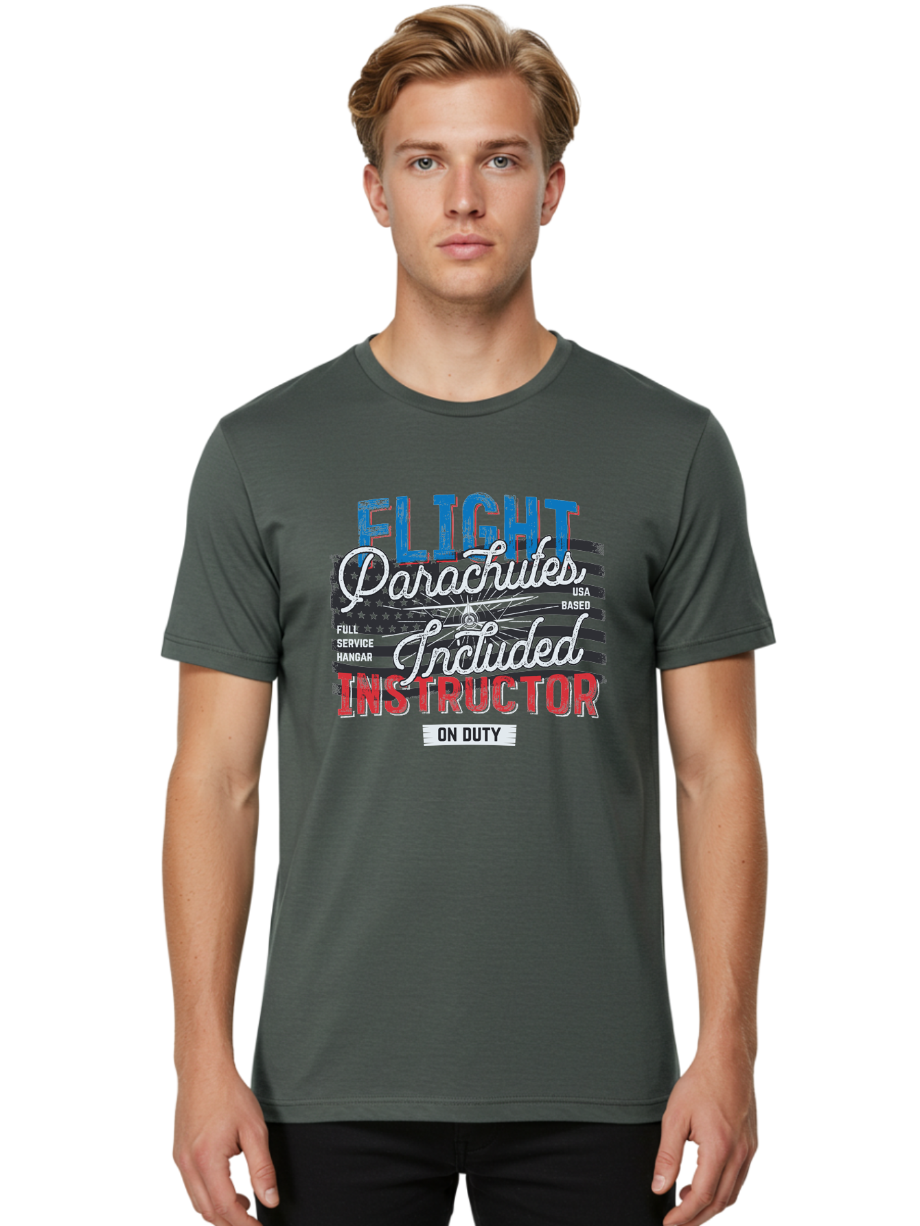 Flight-Parachutes-Included-Instructor Men'S Graphic Tee, 100% Cotton, Comfortable Casual Summer Wear, Machine Washable, Parachute Instructor, Usa Based, Full Service Hangar, On Duty, Flight Training, Parachute Lessons, Skydiving Instructor, Aab934