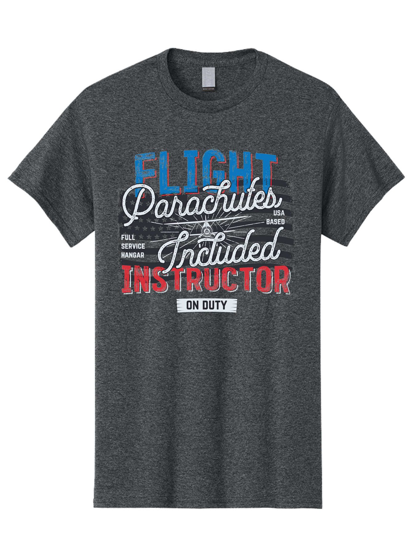 Flight-Parachutes-Included-Instructor Men'S Graphic Tee, 100% Cotton, Comfortable Casual Summer Wear, Machine Washable, Parachute Instructor, Usa Based, Full Service Hangar, On Duty, Flight Training, Parachute Lessons, Skydiving Instructor, Aab934