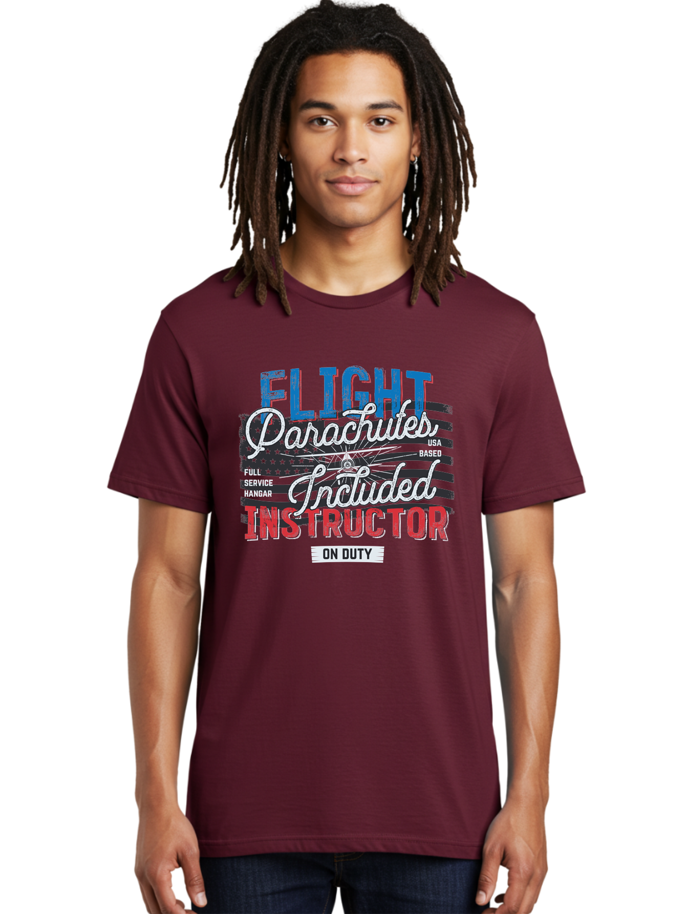 Flight-Parachutes-Included-Instructor Men'S Graphic Tee, 100% Cotton, Comfortable Casual Summer Wear, Machine Washable, Parachute Instructor, Usa Based, Full Service Hangar, On Duty, Flight Training, Parachute Lessons, Skydiving Instructor, Aab934