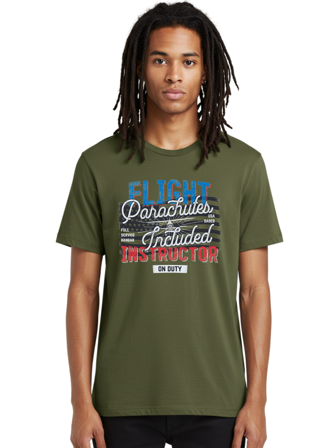 Flight-Parachutes-Included-Instructor Men'S Graphic Tee, 100% Cotton, Comfortable Casual Summer Wear, Machine Washable, Parachute Instructor, Usa Based, Full Service Hangar, On Duty, Flight Training, Parachute Lessons, Skydiving Instructor, Aab934