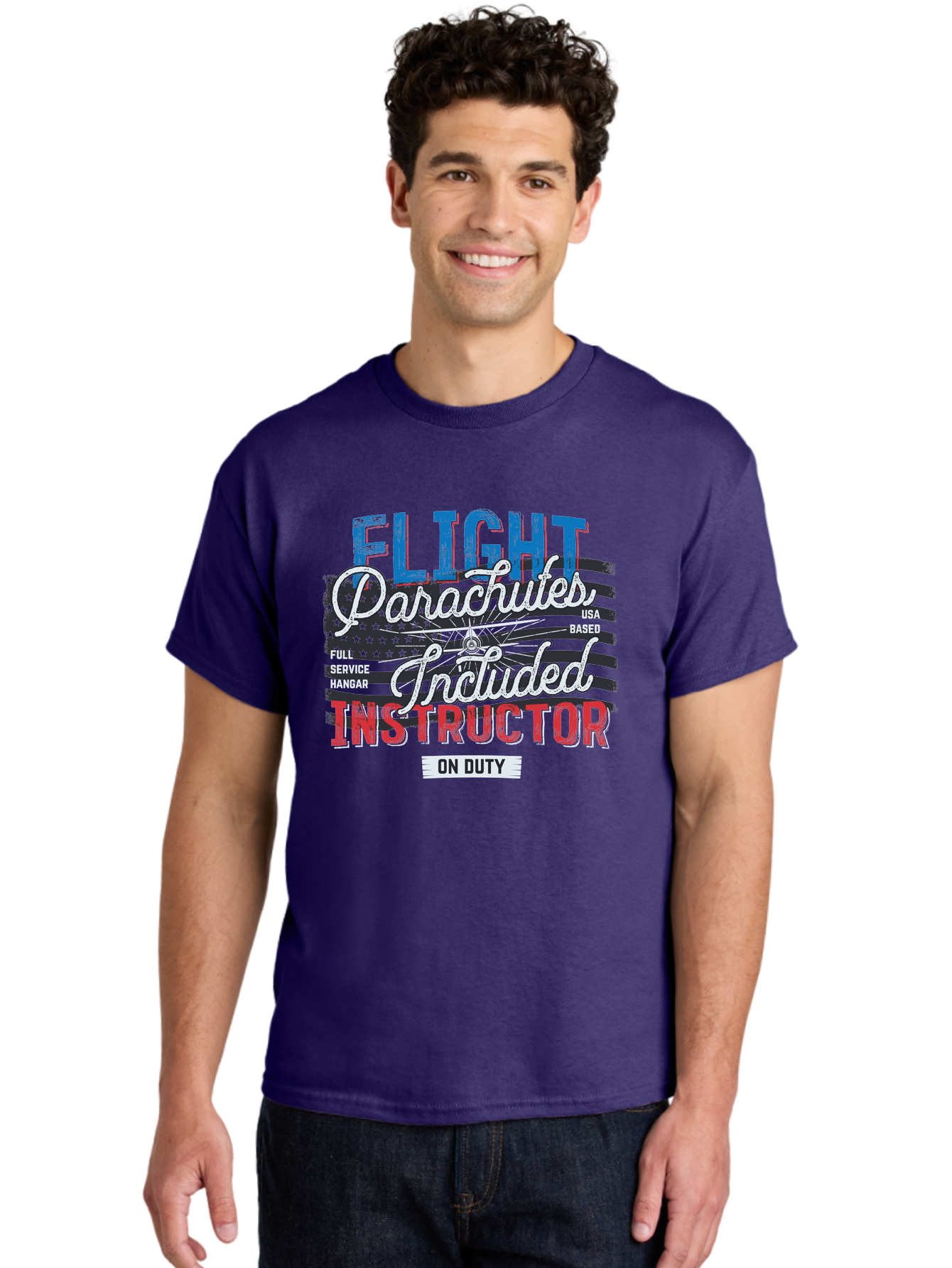 Flight-Parachutes-Included-Instructor Men'S Graphic Tee, 100% Cotton, Comfortable Casual Summer Wear, Machine Washable, Parachute Instructor, Usa Based, Full Service Hangar, On Duty, Flight Training, Parachute Lessons, Skydiving Instructor, Aab934