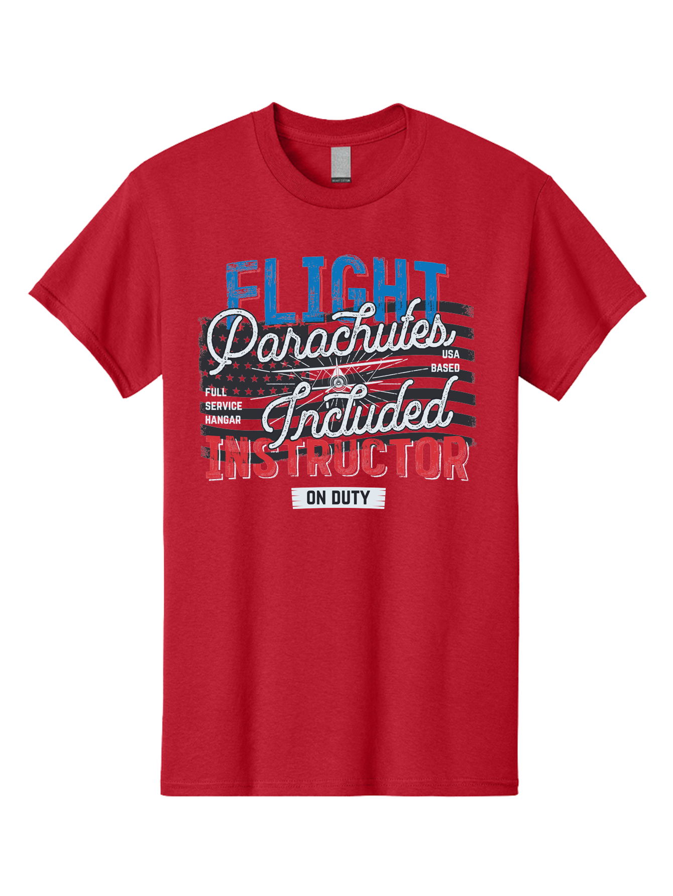Flight-Parachutes-Included-Instructor Men'S Graphic Tee, 100% Cotton, Comfortable Casual Summer Wear, Machine Washable, Parachute Instructor, Usa Based, Full Service Hangar, On Duty, Flight Training, Parachute Lessons, Skydiving Instructor, Aab934