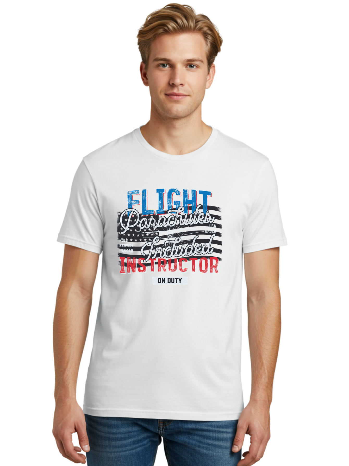 Flight-Parachutes-Included-Instructor Men'S Graphic Tee, 100% Cotton, Comfortable Casual Summer Wear, Machine Washable, Parachute Instructor, Usa Based, Full Service Hangar, On Duty, Flight Training, Parachute Lessons, Skydiving Instructor, Aab934