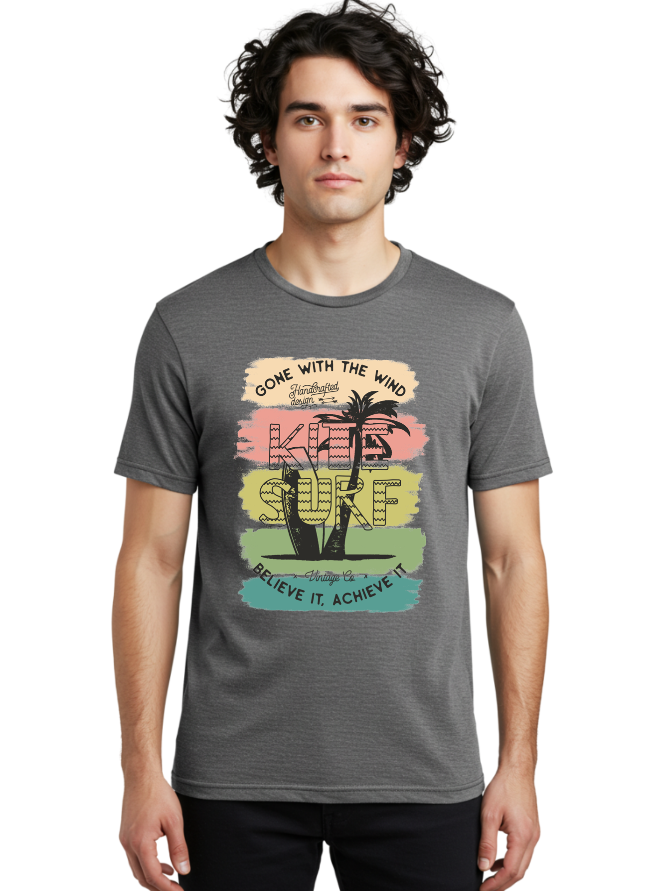 Gone-With-The-Wind-Kite-Surf Men'S Graphic Tee, 100% Cotton, Comfortable Casual Summer Wear, Machine Washable, Surfing Inspiration, Vintage Style, Motivational Quote, Surf Culture, Beach Vibes, Retro Design, Handcrafted Art, Aab935