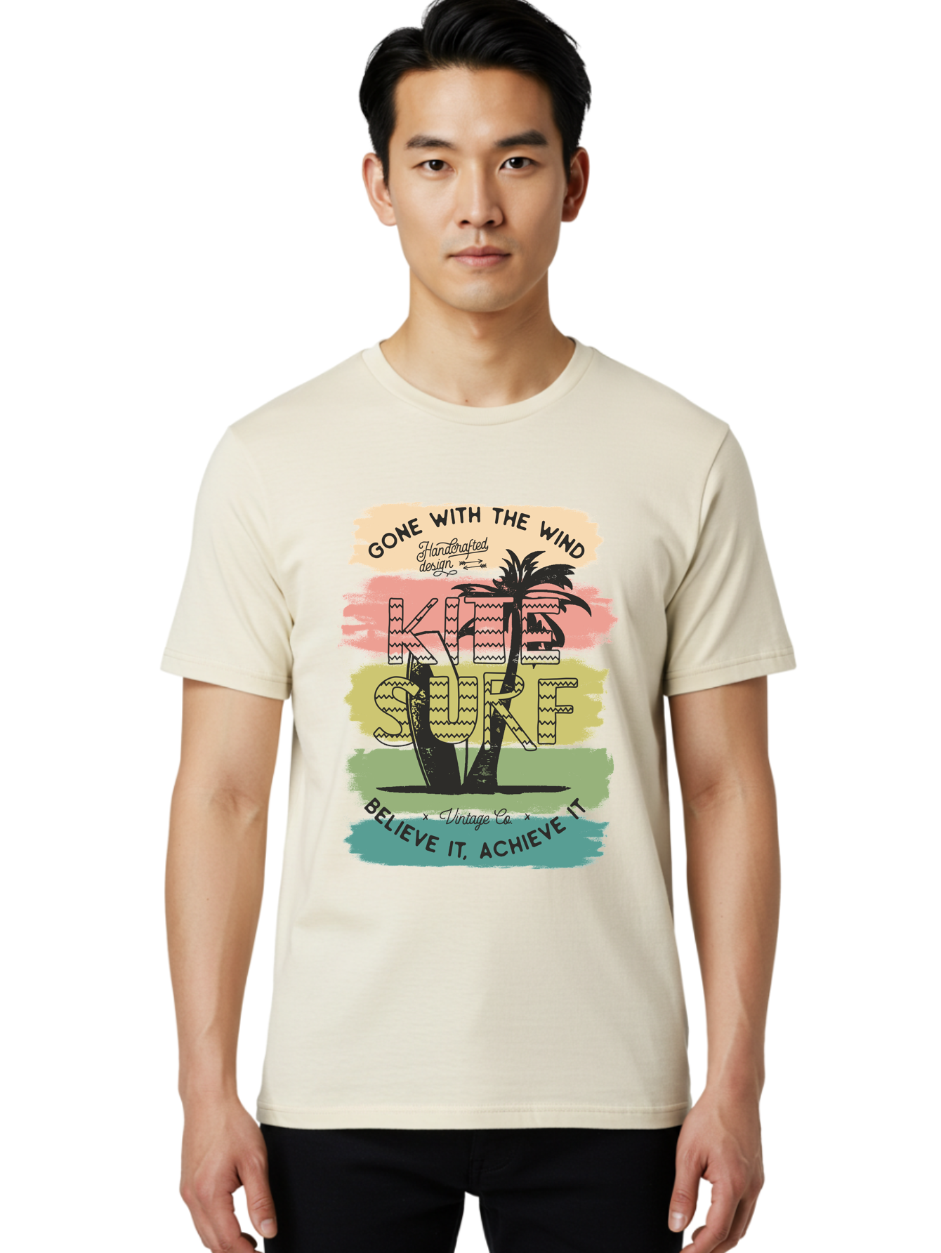 Gone-With-The-Wind-Kite-Surf Men'S Graphic Tee, 100% Cotton, Comfortable Casual Summer Wear, Machine Washable, Surfing Inspiration, Vintage Style, Motivational Quote, Surf Culture, Beach Vibes, Retro Design, Handcrafted Art, Aab935