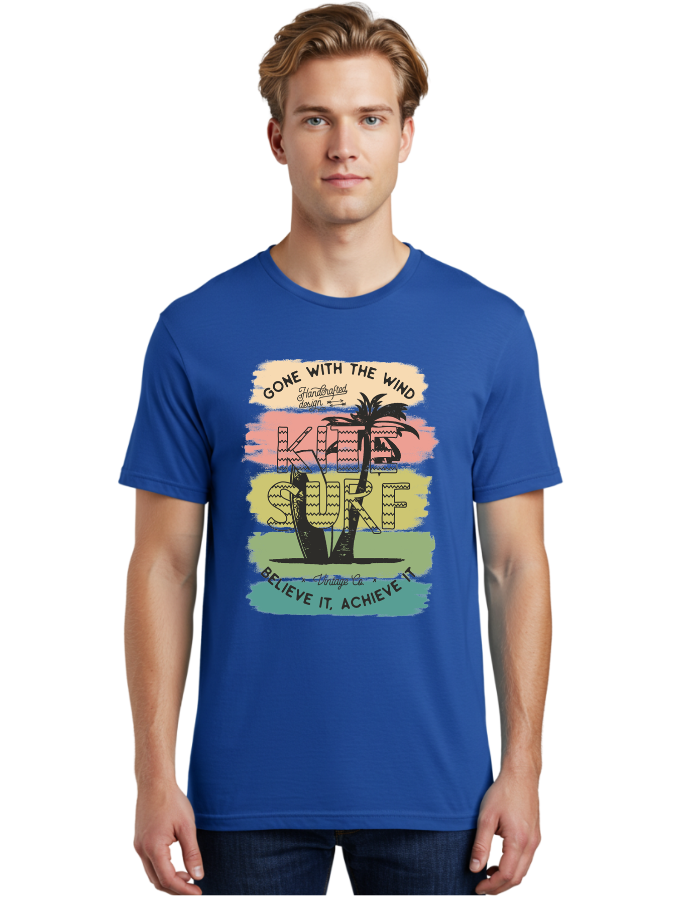 Gone-With-The-Wind-Kite-Surf Men'S Graphic Tee, 100% Cotton, Comfortable Casual Summer Wear, Machine Washable, Surfing Inspiration, Vintage Style, Motivational Quote, Surf Culture, Beach Vibes, Retro Design, Handcrafted Art, Aab935