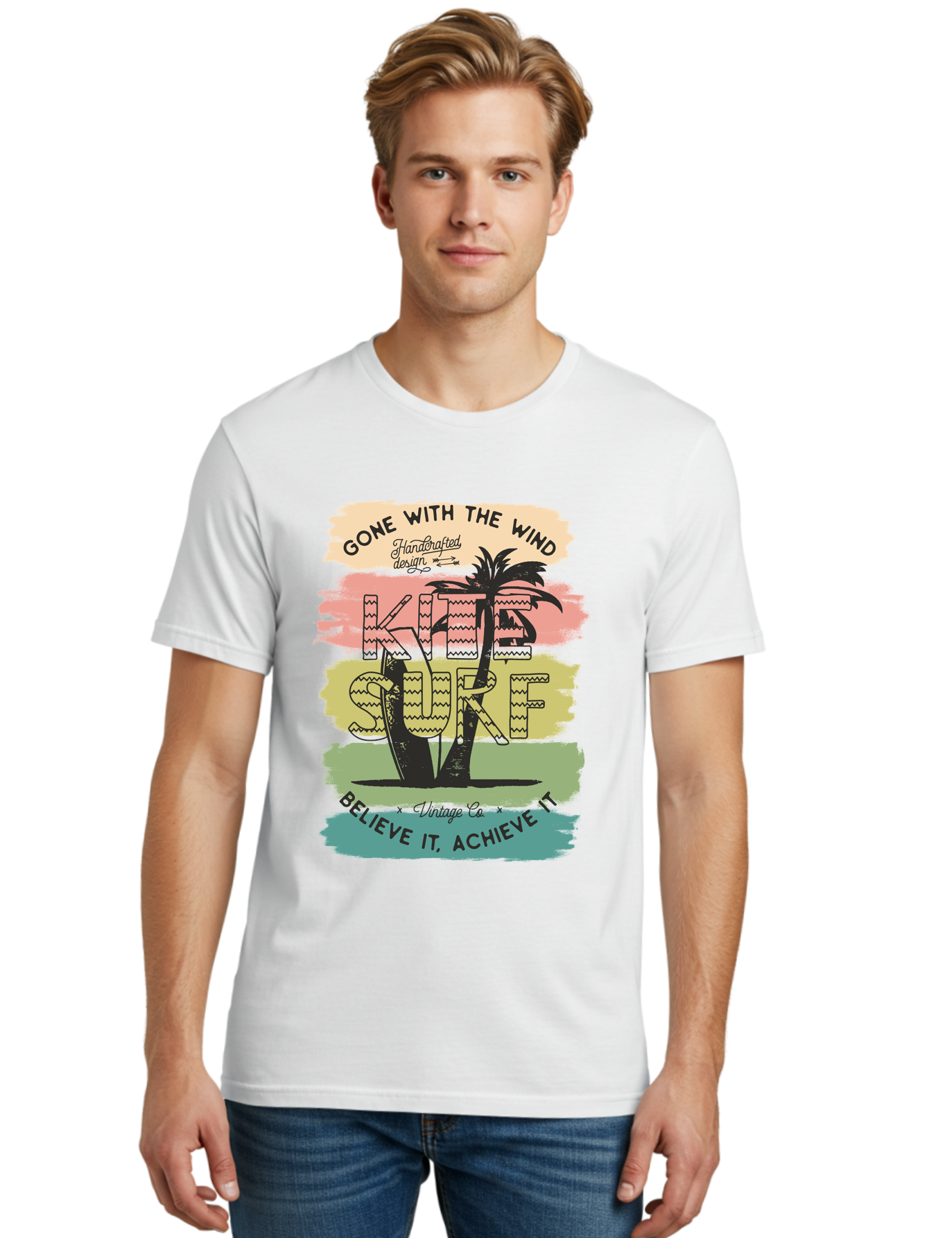 Gone-With-The-Wind-Kite-Surf Men'S Graphic Tee, 100% Cotton, Comfortable Casual Summer Wear, Machine Washable, Surfing Inspiration, Vintage Style, Motivational Quote, Surf Culture, Beach Vibes, Retro Design, Handcrafted Art, Aab935