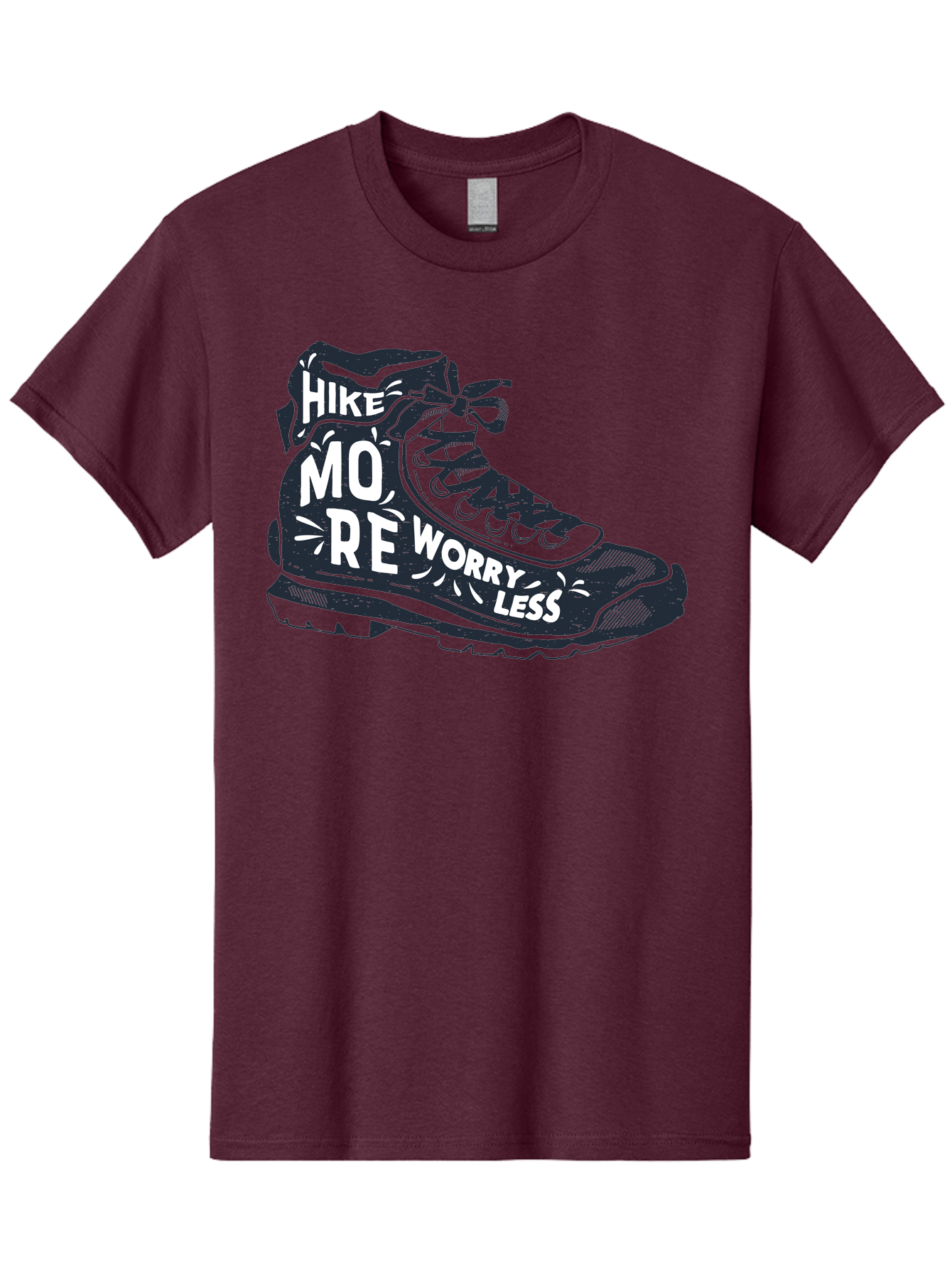 Hike-More-Worry-Less Men'S Graphic Tee, 100% Cotton, Comfortable Casual Summer Wear, Machine Washable, Hiking Boot, Motivational Quote, Outdoor Adventure, Hiking Inspiration, Wellness, Active Lifestyle, Nature Escape, Adventure Seeking, Aab936