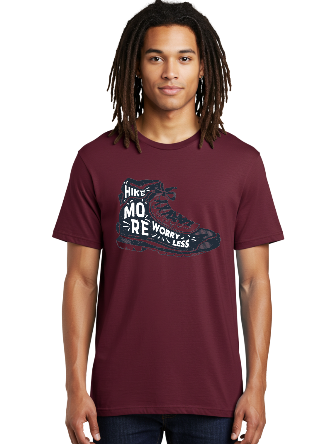 Hike-More-Worry-Less Men'S Graphic Tee, 100% Cotton, Comfortable Casual Summer Wear, Machine Washable, Hiking Boot, Motivational Quote, Outdoor Adventure, Hiking Inspiration, Wellness, Active Lifestyle, Nature Escape, Adventure Seeking, Aab936