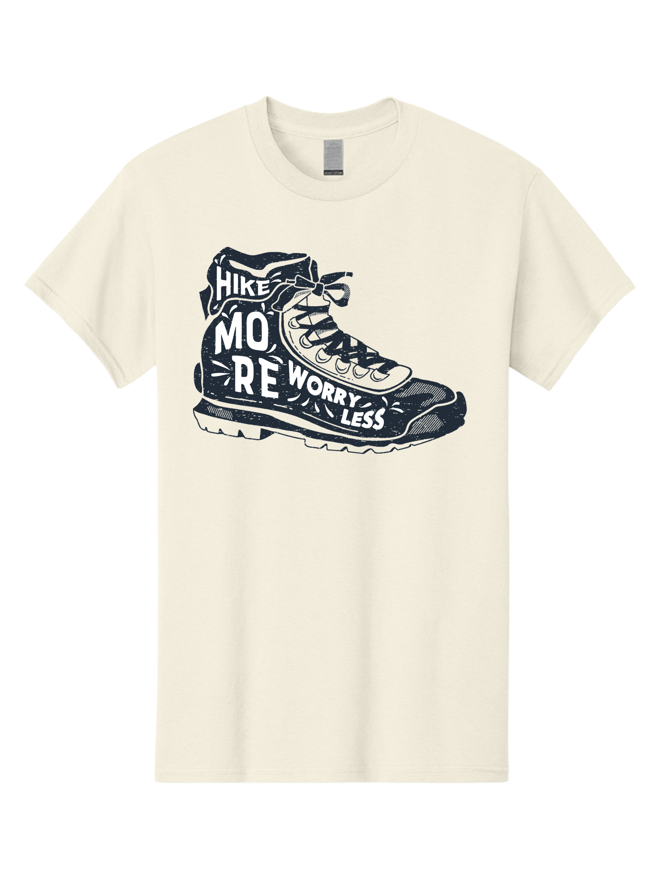 Hike-More-Worry-Less Men'S Graphic Tee, 100% Cotton, Comfortable Casual Summer Wear, Machine Washable, Hiking Boot, Motivational Quote, Outdoor Adventure, Hiking Inspiration, Wellness, Active Lifestyle, Nature Escape, Adventure Seeking, Aab936