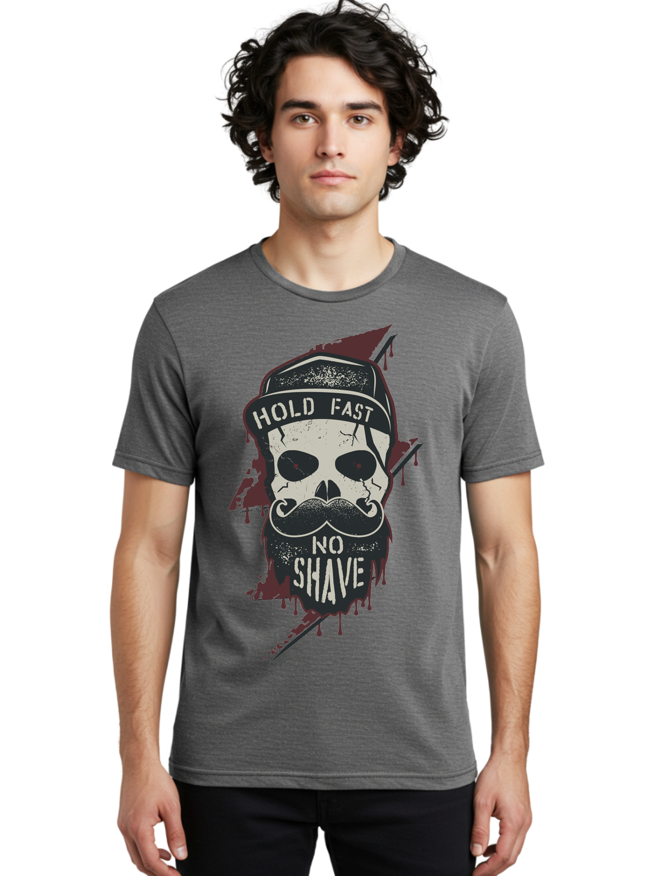 Hold-Fast-No-Shave-1 Men'S Graphic Tee, 100% Cotton, Comfortable Casual Summer Wear, Machine Washable, Skull With Beard And Mustache, Biker Skull, Grunge Style, Punk Rock Aesthetic, Edgy Design, Bold Graphics, Hold Fast, No Shave Aab937