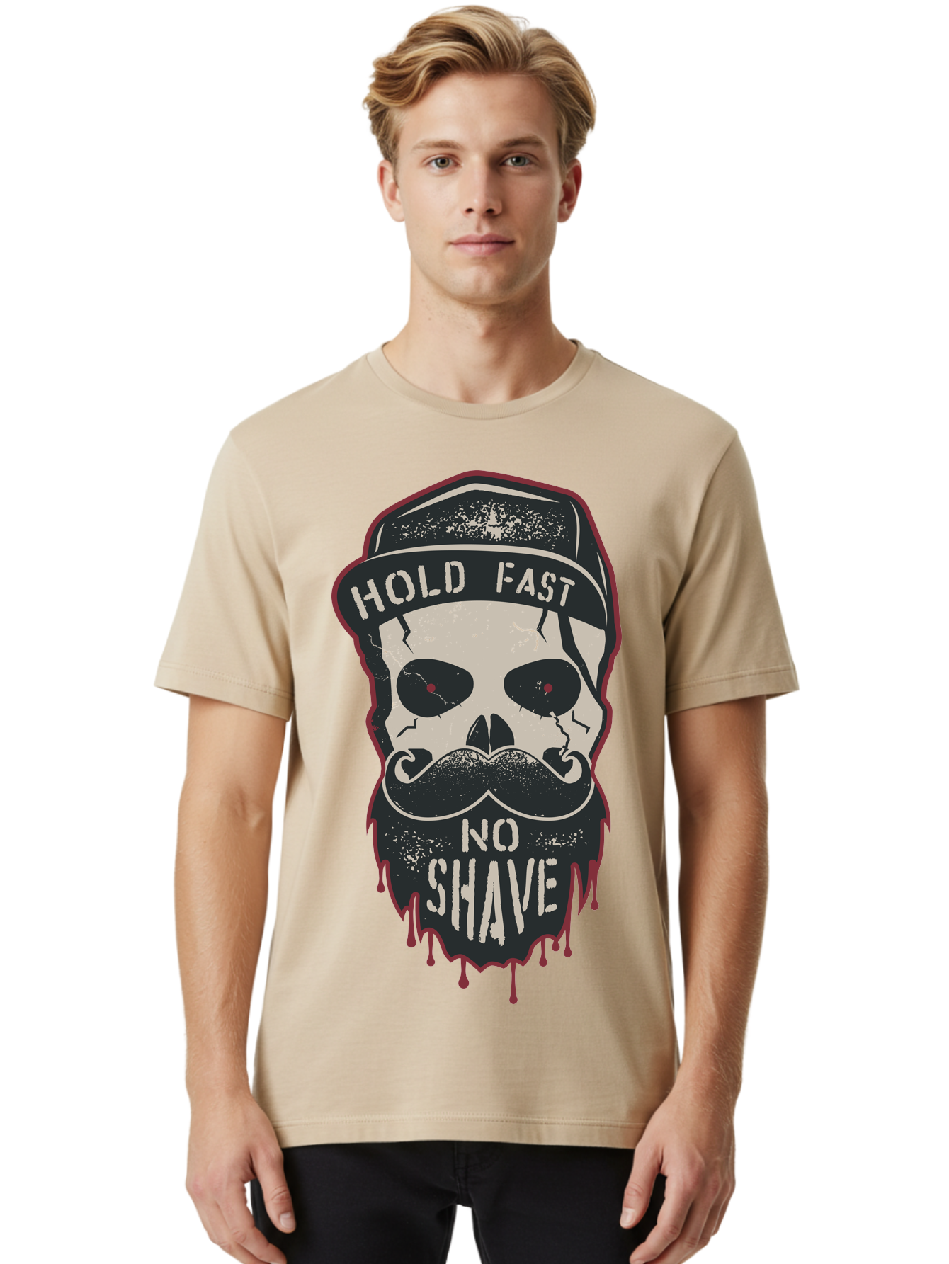 Hold-Fast-No-Shave-2 Men'S Graphic Tee, 100% Cotton, Comfortable Casual Summer Wear, Machine Washable, Skull With Beard And Mustache, Bold Typography, Edgy Design, Skull Art, Barber Culture, Grooming Inspiration, Tattoo Art, Grunge Style, Aab938