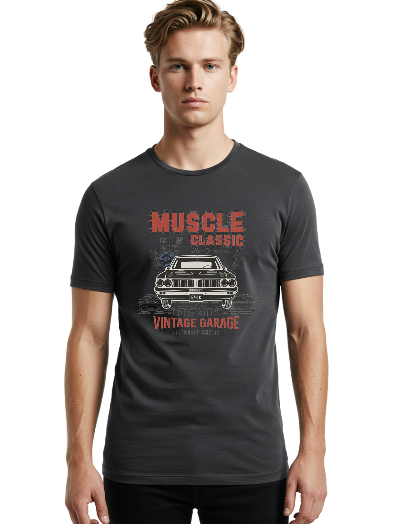 Muscle-Classic-1 Men'S Graphic Tee, 100% Cotton, Comfortable Casual Summer Wear, Machine Washable, Vintage Car, Classic Muscle Car, Custom Motors, Genuine Parts, Shop & Repair, Vintage Garage, Legendary Wheels, Usa Made, Automotive Restoration Aab941