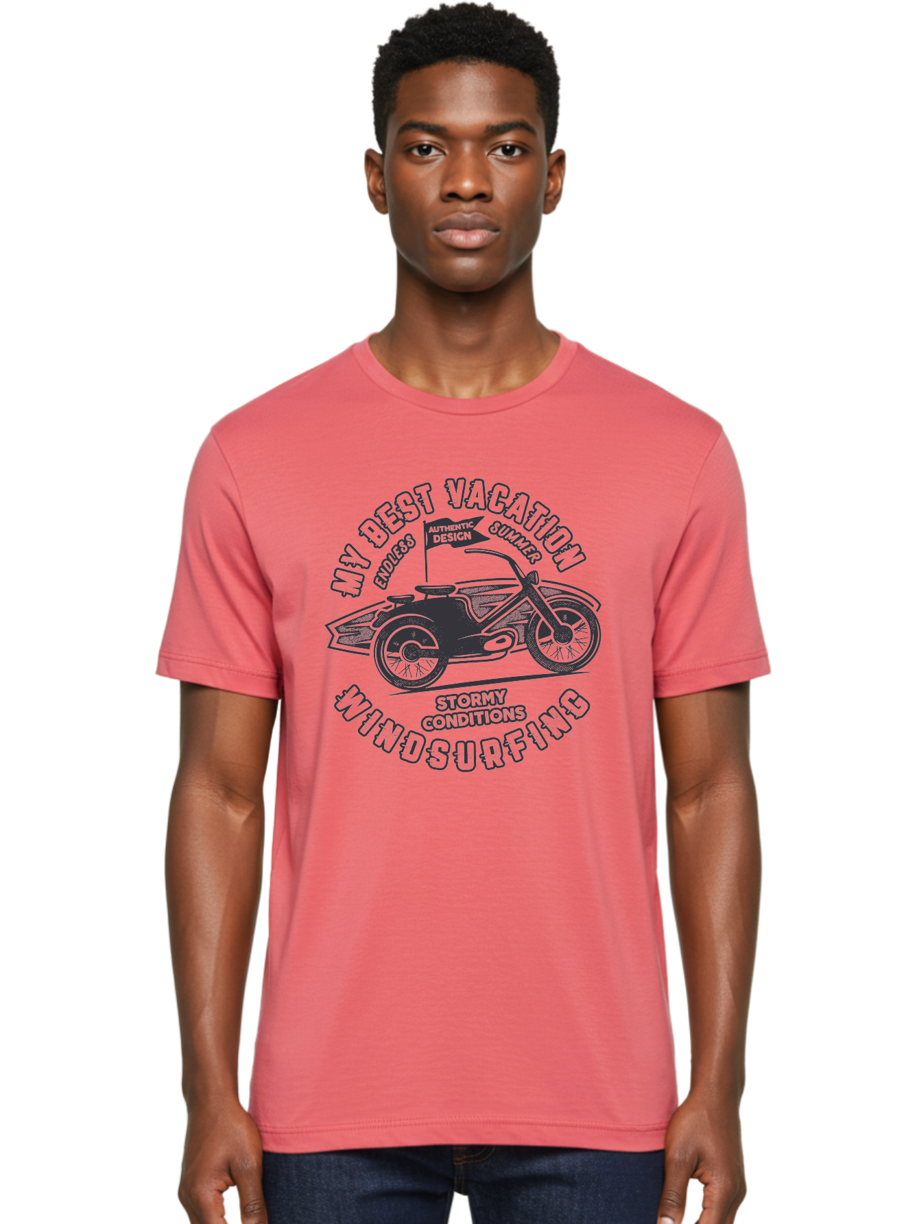 My-Best-Vacation-Windsurfing Men'S Graphic Tee, 100% Cotton, Comfortable Casual Summer Wear, Machine Washable, Motorcycle With Flag, Endless Summer, Stormy Conditions, Authentic Design, Winds Contention, Vacation Mode, Outdoor Adventure, Aab944
