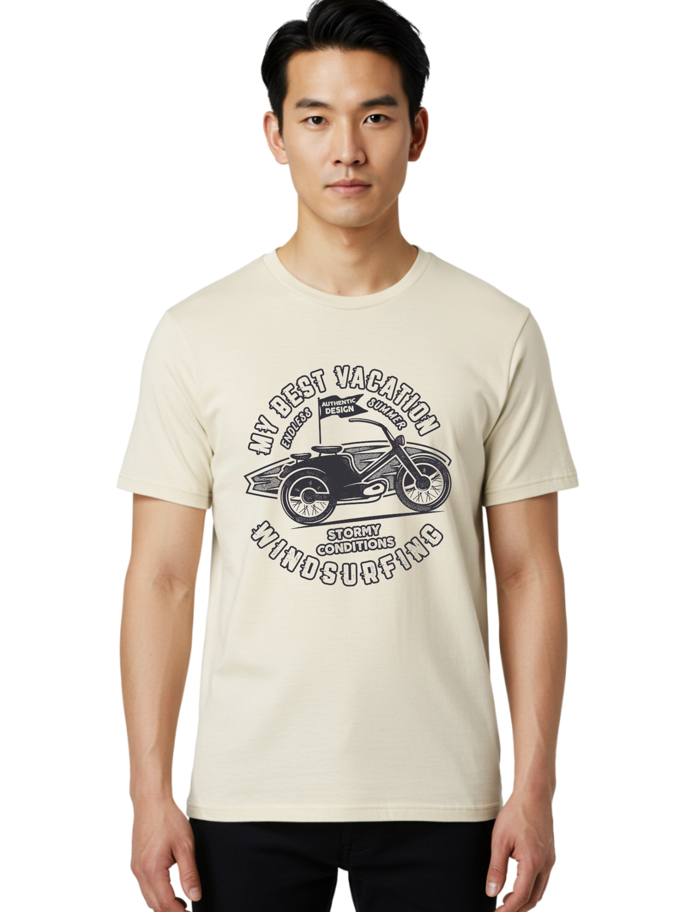 My-Best-Vacation-Windsurfing Men'S Graphic Tee, 100% Cotton, Comfortable Casual Summer Wear, Machine Washable, Motorcycle With Flag, Endless Summer, Stormy Conditions, Authentic Design, Winds Contention, Vacation Mode, Outdoor Adventure, Aab944