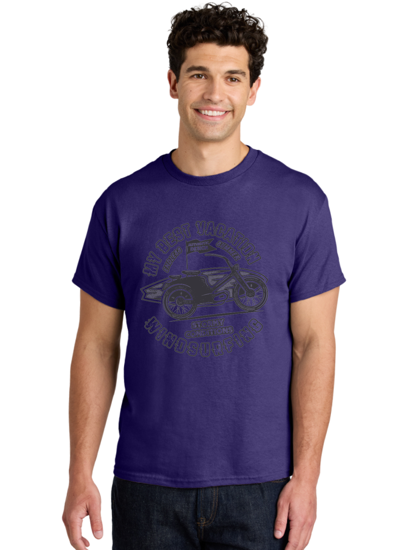 My-Best-Vacation-Windsurfing Men'S Graphic Tee, 100% Cotton, Comfortable Casual Summer Wear, Machine Washable, Motorcycle With Flag, Endless Summer, Stormy Conditions, Authentic Design, Winds Contention, Vacation Mode, Outdoor Adventure, Aab944