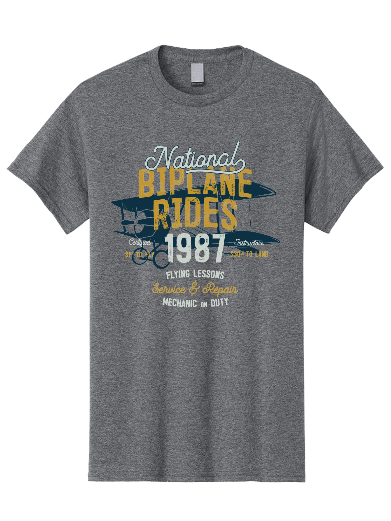 National-Biplane-Rides Men'S Graphic Tee, 100% Cotton, Comfortable Casual Summer Wear, Machine Washable, Vintage Airplane, Biplane Rides, Flying Lessons, Certified Instructors, Service And Repair, Mechanic On Duty, Aviation Experience, 1987, Aab946
