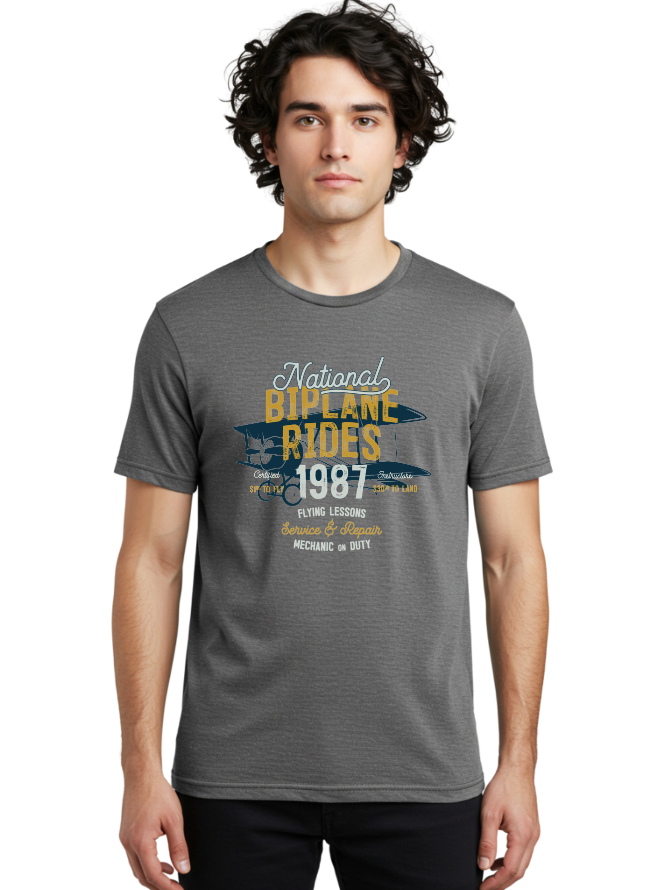 National-Biplane-Rides Men'S Graphic Tee, 100% Cotton, Comfortable Casual Summer Wear, Machine Washable, Vintage Airplane, Biplane Rides, Flying Lessons, Certified Instructors, Service And Repair, Mechanic On Duty, Aviation Experience, 1987, Aab946