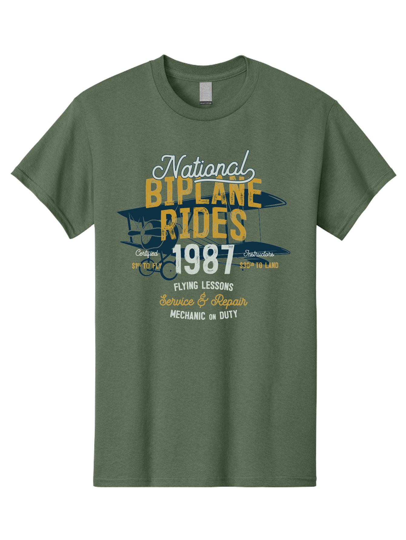 National-Biplane-Rides Men'S Graphic Tee, 100% Cotton, Comfortable Casual Summer Wear, Machine Washable, Vintage Airplane, Biplane Rides, Flying Lessons, Certified Instructors, Service And Repair, Mechanic On Duty, Aviation Experience, 1987, Aab946