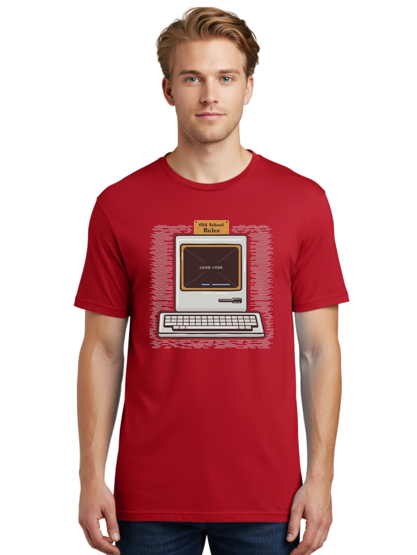 Old-School-Rules Men'S Graphic Tee, 100% Cotton, Comfortable Casual Summer Wear, Machine Washable, Retro Computer, Old School Gaming, Classic Video Games, Game Over Screen, Nostalgic Tech, Vintage Computer Graphics, Pixel Art, Aab950