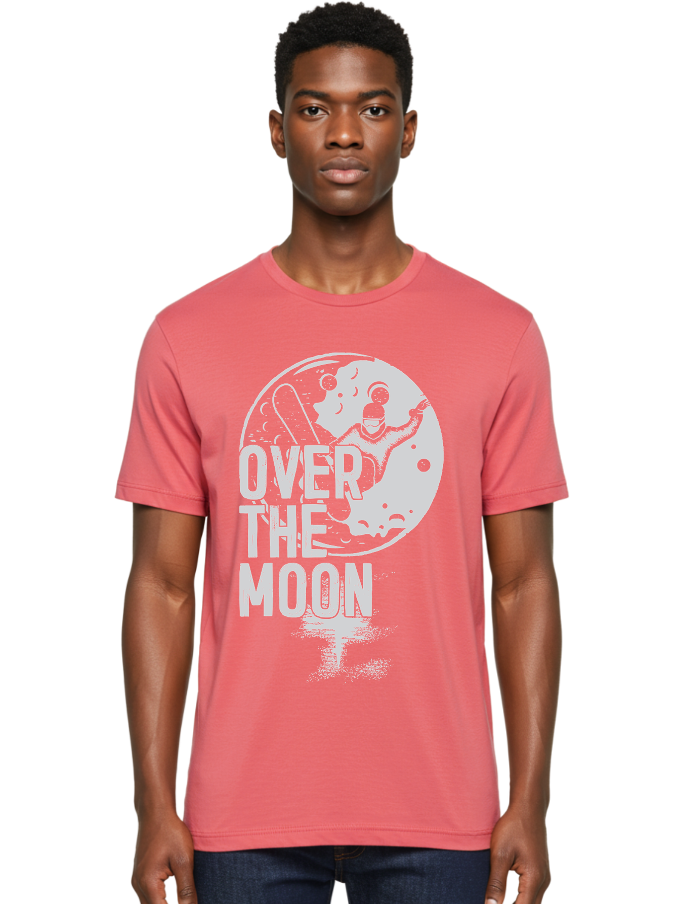 Over-The-Moon Men'S Graphic Tee, 100% Cotton, Comfortable Casual Summer Wear, Machine Washable, Moon Graphic, Astronaut Illustration, Space Exploration, Moon Landing, Celestial Body, Over The Moon Text, Retro-Futuristic Design, Aab951