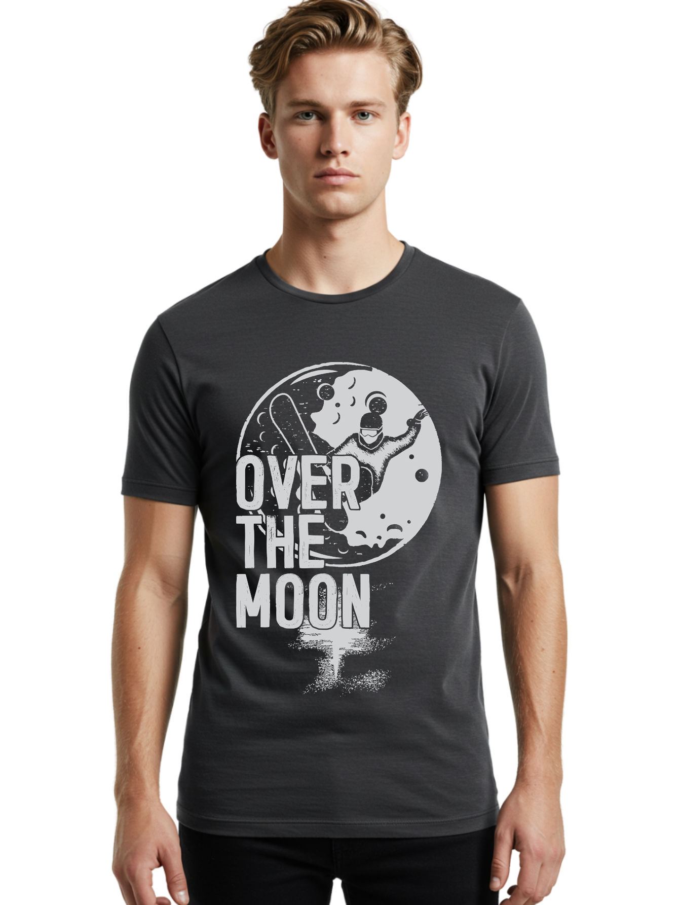 Over-The-Moon Men'S Graphic Tee, 100% Cotton, Comfortable Casual Summer Wear, Machine Washable, Moon Graphic, Astronaut Illustration, Space Exploration, Moon Landing, Celestial Body, Over The Moon Text, Retro-Futuristic Design, Aab951