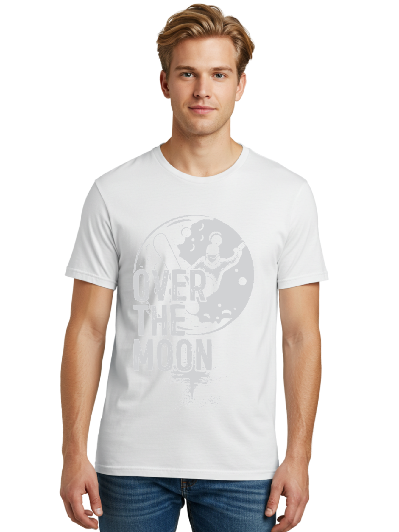 Over-The-Moon Men'S Graphic Tee, 100% Cotton, Comfortable Casual Summer Wear, Machine Washable, Moon Graphic, Astronaut Illustration, Space Exploration, Moon Landing, Celestial Body, Over The Moon Text, Retro-Futuristic Design, Aab951