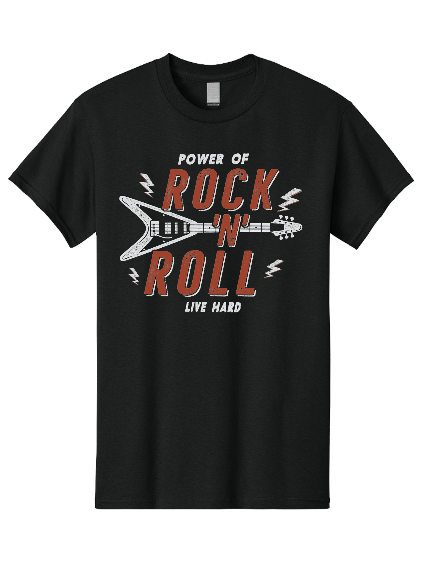 Power-Of-Rock-N-Roll Men'S Graphic Tee, 100% Cotton, Comfortable Casual Summer Wear, Machine Washable, Rock N Roll, Guitar Illustration, Power Of Music, Live Hard, Bold Typography, Energetic Design, Rock On, Musical Inspiration Aab953