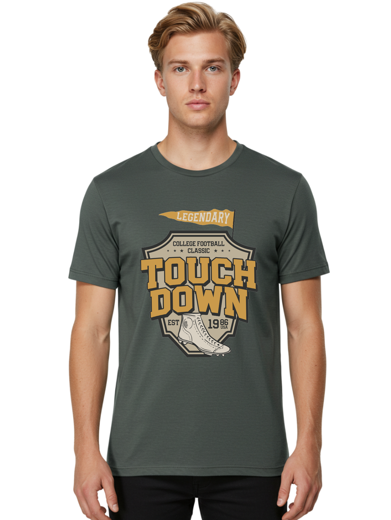 Touch-Down Men'S Graphic Tee, 100% Cotton, Comfortable Casual Summer Wear, Machine Washable, College Football, Touchdown, Classic Football, Legendary Sports, 1986 Usa, Football Cleats, Vintage Football Aab954