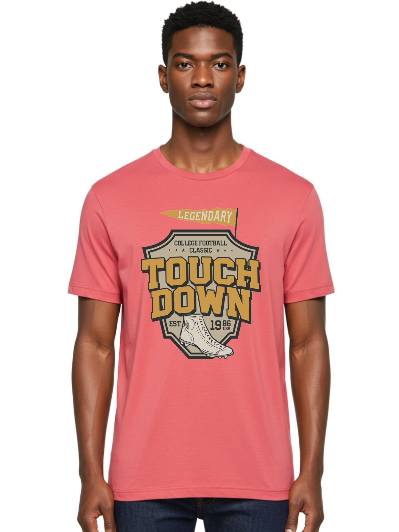 Touch-Down Men'S Graphic Tee, 100% Cotton, Comfortable Casual Summer Wear, Machine Washable, College Football, Touchdown, Classic Football, Legendary Sports, 1986 Usa, Football Cleats, Vintage Football Aab954