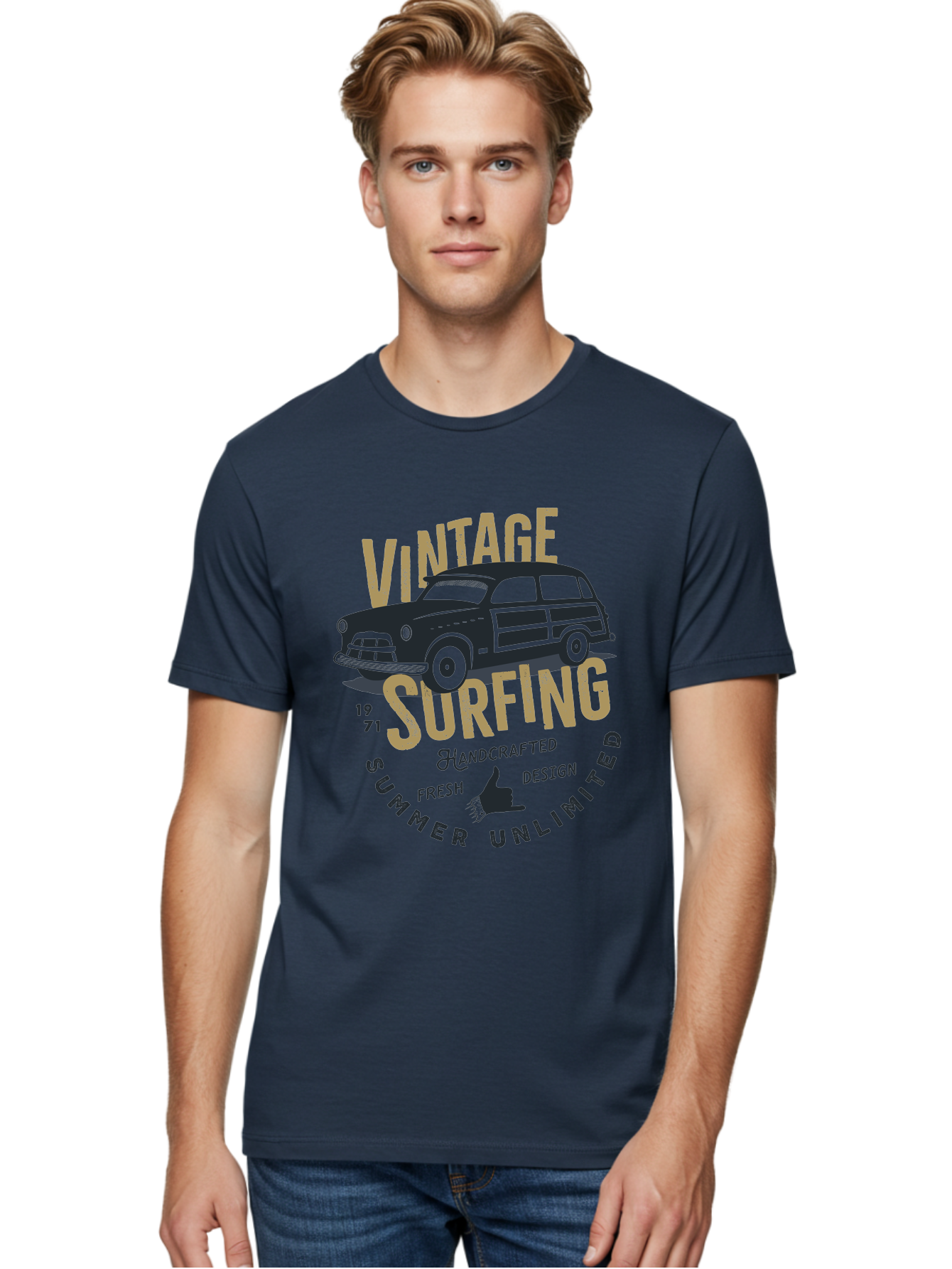 Vintage-Surfing-1 Men'S Graphic Tee, 100% Cotton, Comfortable Casual Summer Wear, Machine Washable, Vintage Surf Car, Retro Surf Culture, Summer Vibes, Surf Inspired Art, Surfer Dude, Cool Car Designs, Classic Surf Style Aab959