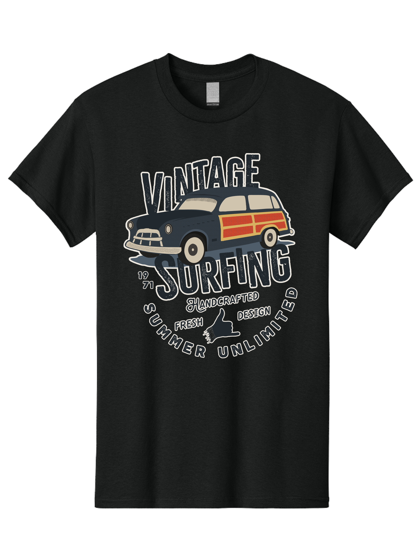 Vintage-Surfing-2 Men'S Graphic Tee, 100% Cotton, Comfortable Casual Summer Wear, Machine Washable, Vintage Surf Car, Surf Culture, Summer Vibes, Retro Design, Handmade Graphics, Shaka Sign, Coastal Style, Surf-Inspired Art, Nostalgic Feel, Aab960
