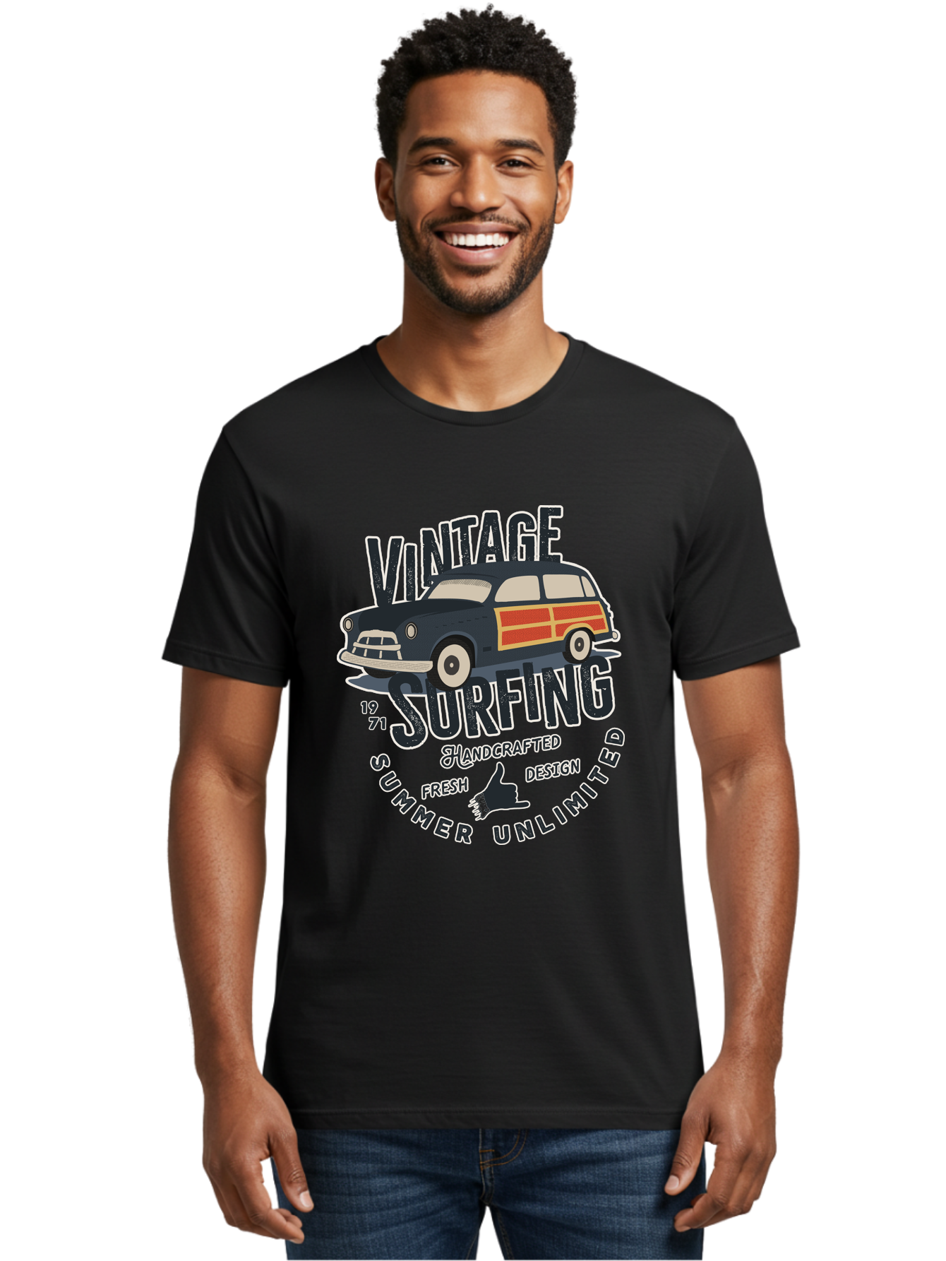 Vintage-Surfing-2 Men'S Graphic Tee, 100% Cotton, Comfortable Casual Summer Wear, Machine Washable, Vintage Surf Car, Surf Culture, Summer Vibes, Retro Design, Handmade Graphics, Shaka Sign, Coastal Style, Surf-Inspired Art, Nostalgic Feel, Aab960