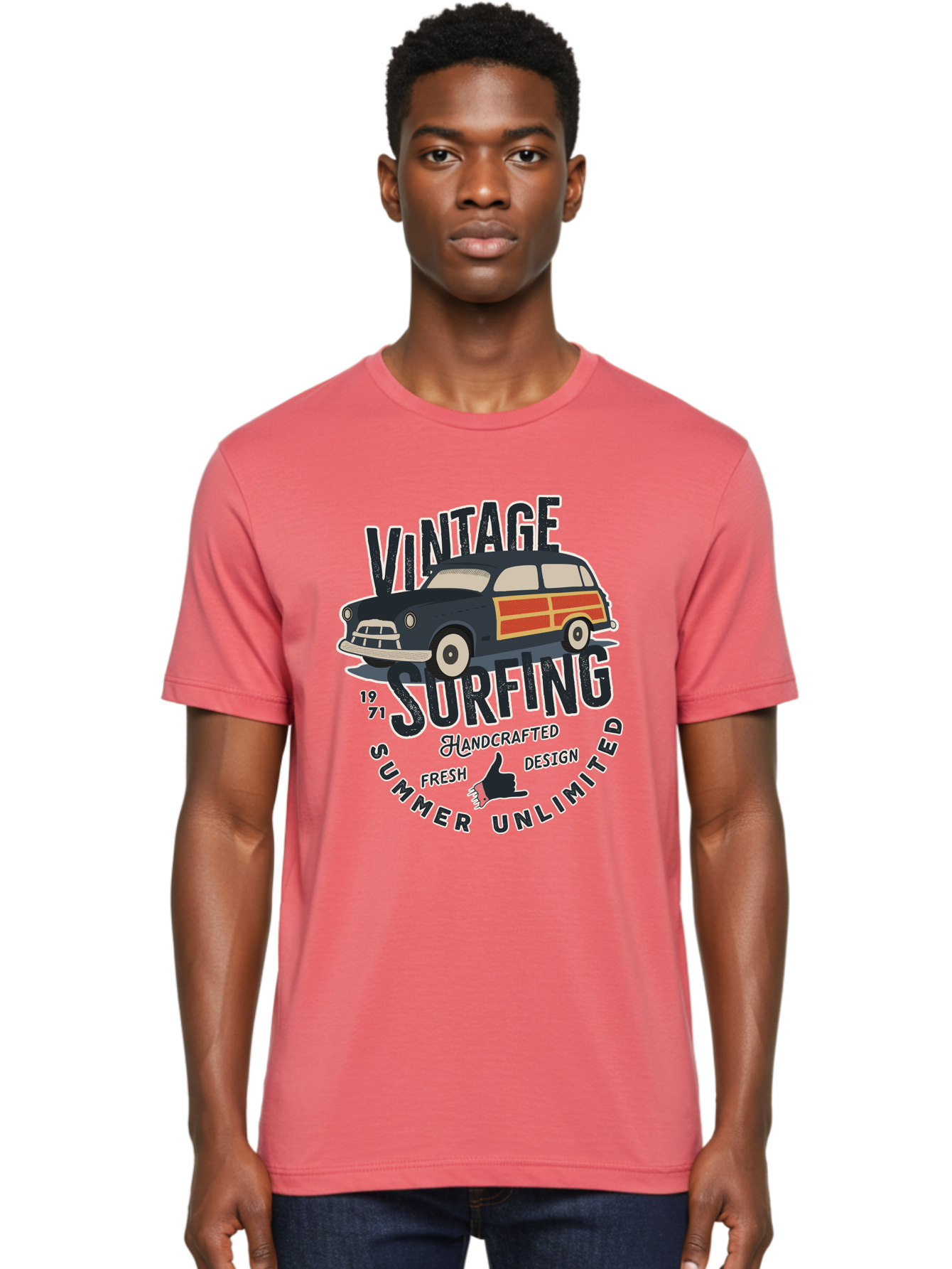 Vintage-Surfing-2 Men'S Graphic Tee, 100% Cotton, Comfortable Casual Summer Wear, Machine Washable, Vintage Surf Car, Surf Culture, Summer Vibes, Retro Design, Handmade Graphics, Shaka Sign, Coastal Style, Surf-Inspired Art, Nostalgic Feel, Aab960
