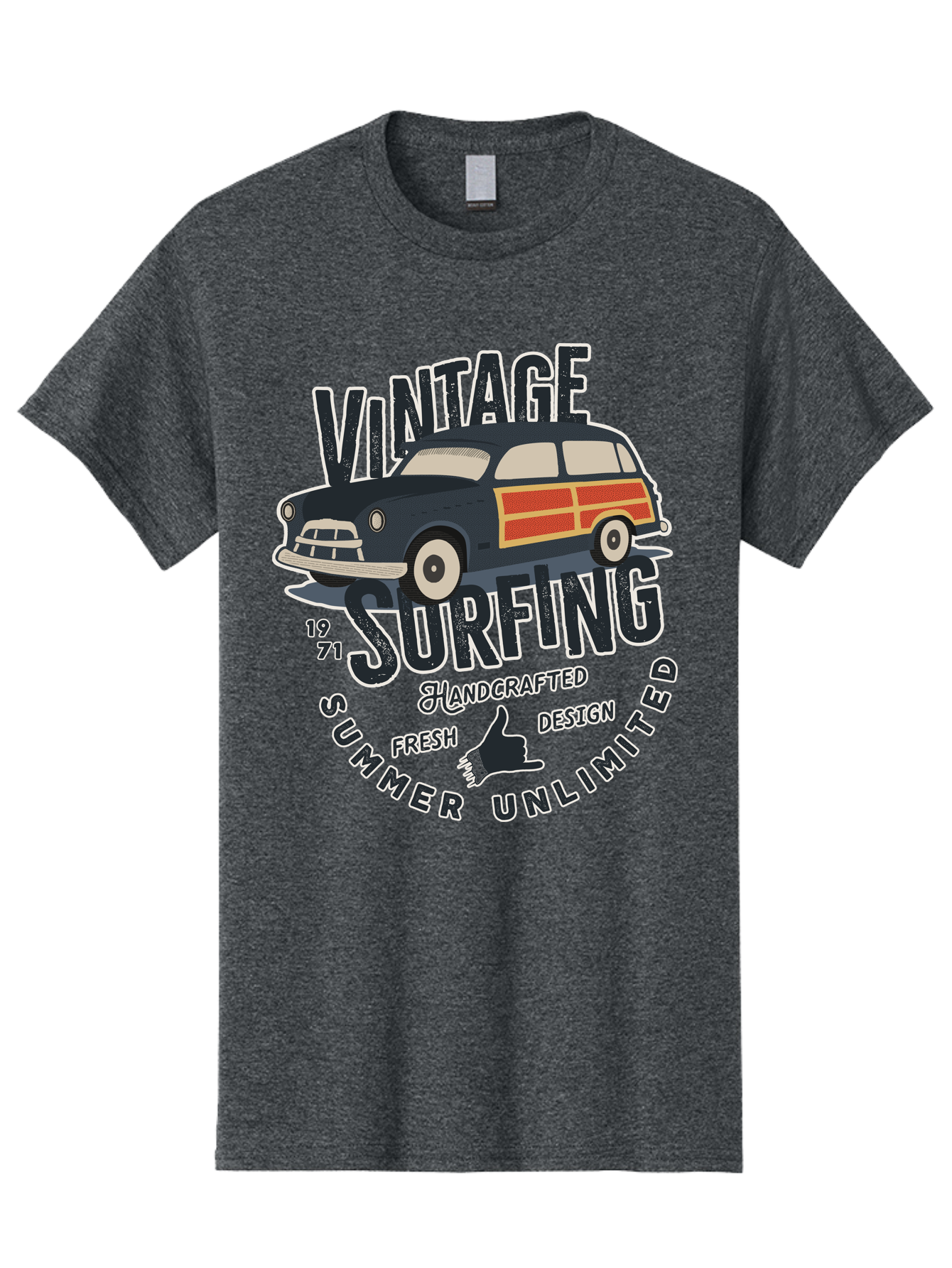Vintage-Surfing-2 Men'S Graphic Tee, 100% Cotton, Comfortable Casual Summer Wear, Machine Washable, Vintage Surf Car, Surf Culture, Summer Vibes, Retro Design, Handmade Graphics, Shaka Sign, Coastal Style, Surf-Inspired Art, Nostalgic Feel, Aab960