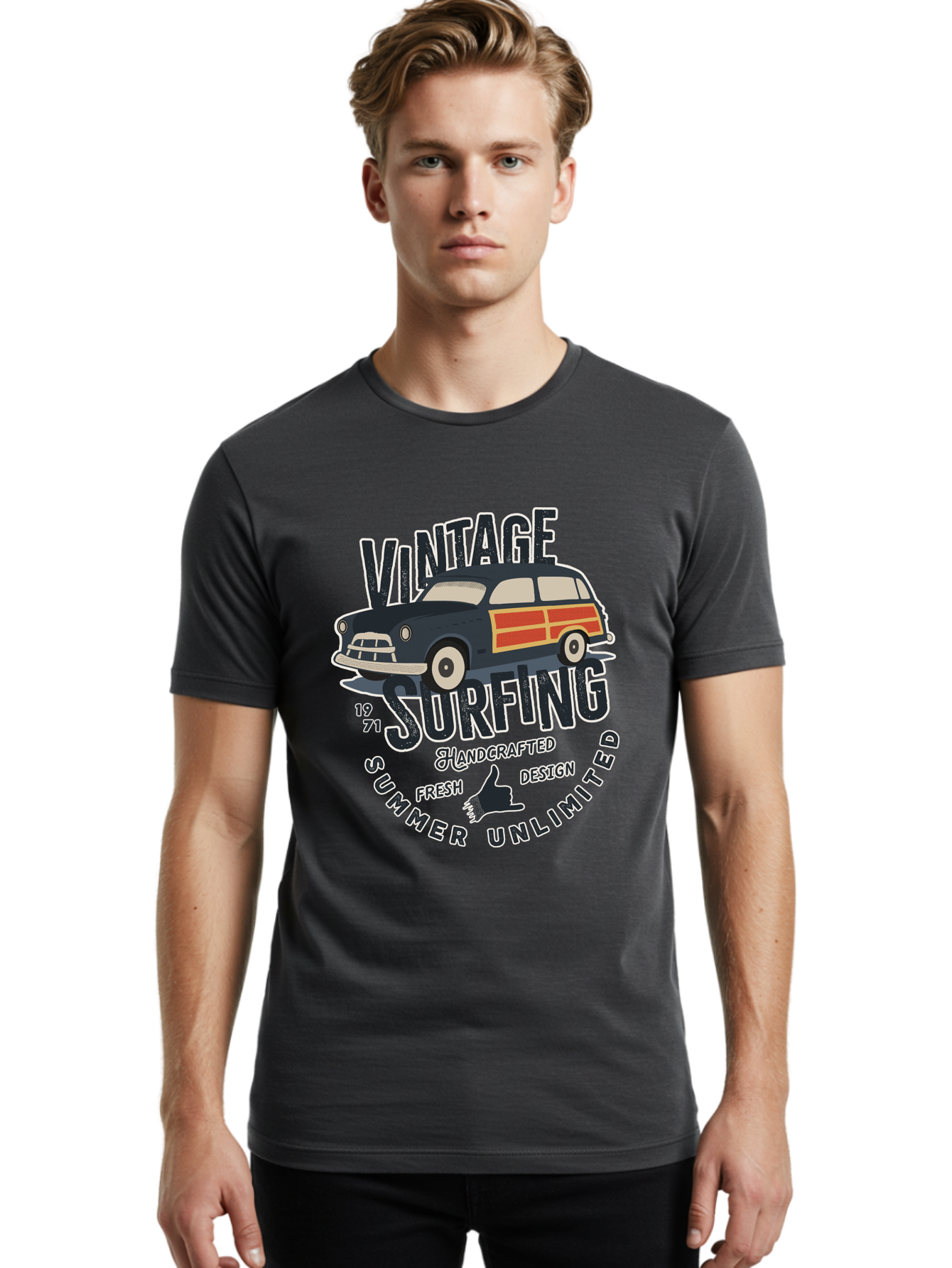 Vintage-Surfing-2 Men'S Graphic Tee, 100% Cotton, Comfortable Casual Summer Wear, Machine Washable, Vintage Surf Car, Surf Culture, Summer Vibes, Retro Design, Handmade Graphics, Shaka Sign, Coastal Style, Surf-Inspired Art, Nostalgic Feel, Aab960