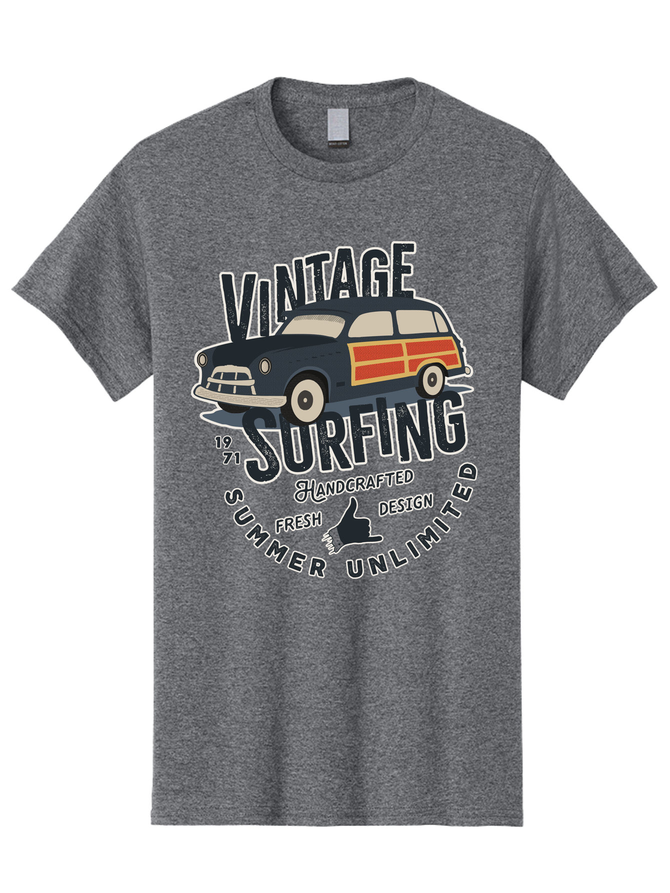 Vintage-Surfing-2 Men'S Graphic Tee, 100% Cotton, Comfortable Casual Summer Wear, Machine Washable, Vintage Surf Car, Surf Culture, Summer Vibes, Retro Design, Handmade Graphics, Shaka Sign, Coastal Style, Surf-Inspired Art, Nostalgic Feel, Aab960
