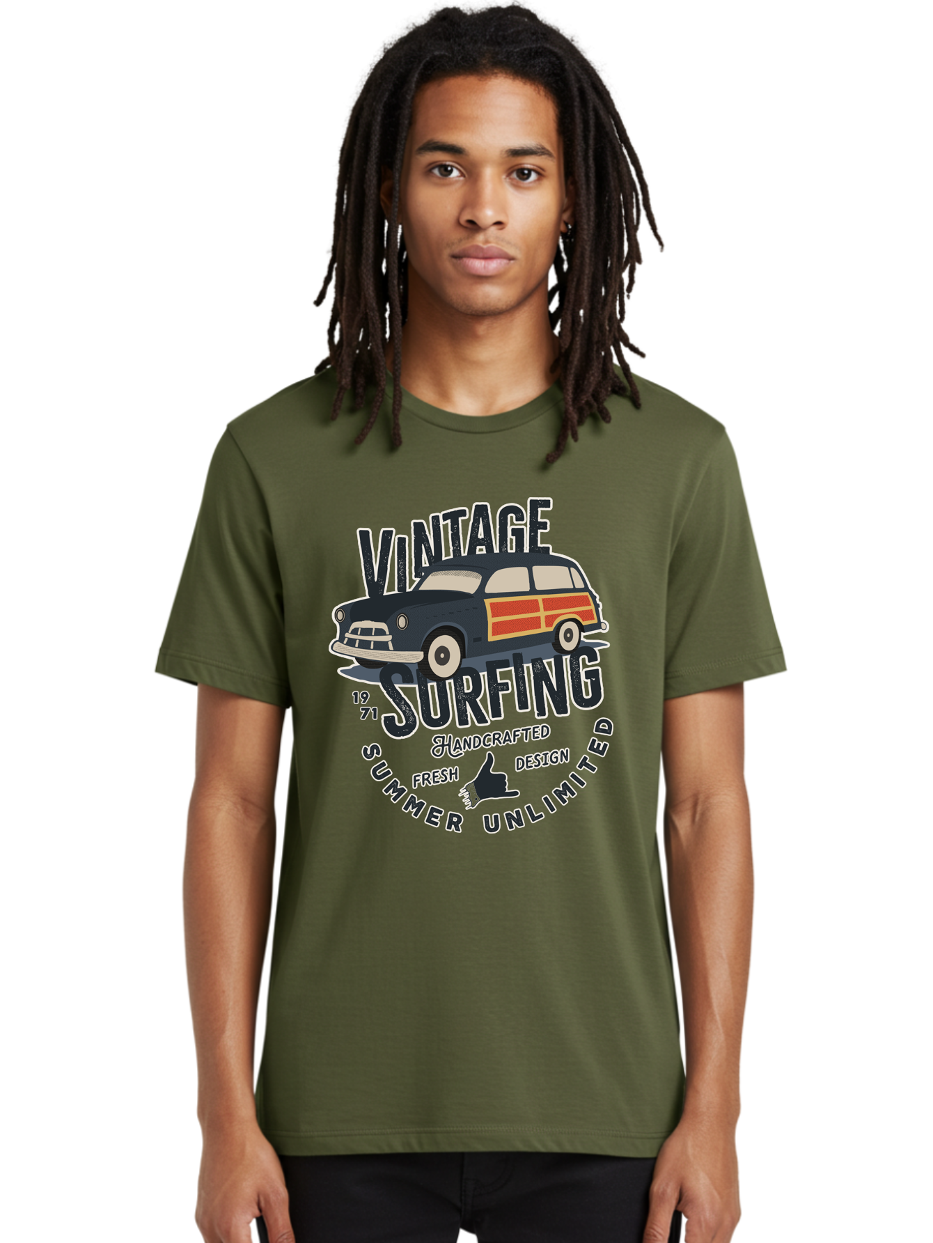 Vintage-Surfing-2 Men'S Graphic Tee, 100% Cotton, Comfortable Casual Summer Wear, Machine Washable, Vintage Surf Car, Surf Culture, Summer Vibes, Retro Design, Handmade Graphics, Shaka Sign, Coastal Style, Surf-Inspired Art, Nostalgic Feel, Aab960