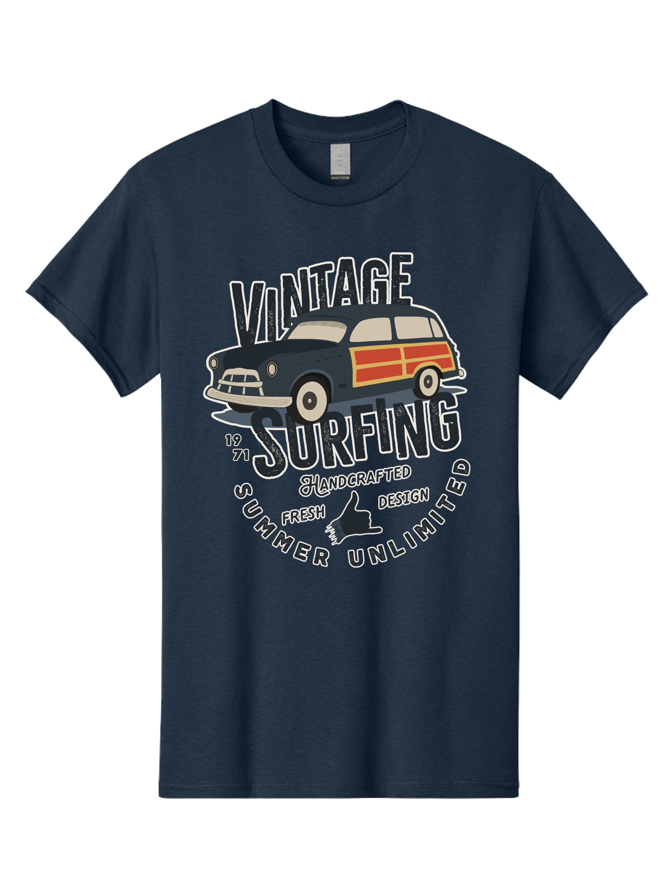 Vintage-Surfing-2 Men'S Graphic Tee, 100% Cotton, Comfortable Casual Summer Wear, Machine Washable, Vintage Surf Car, Surf Culture, Summer Vibes, Retro Design, Handmade Graphics, Shaka Sign, Coastal Style, Surf-Inspired Art, Nostalgic Feel, Aab960
