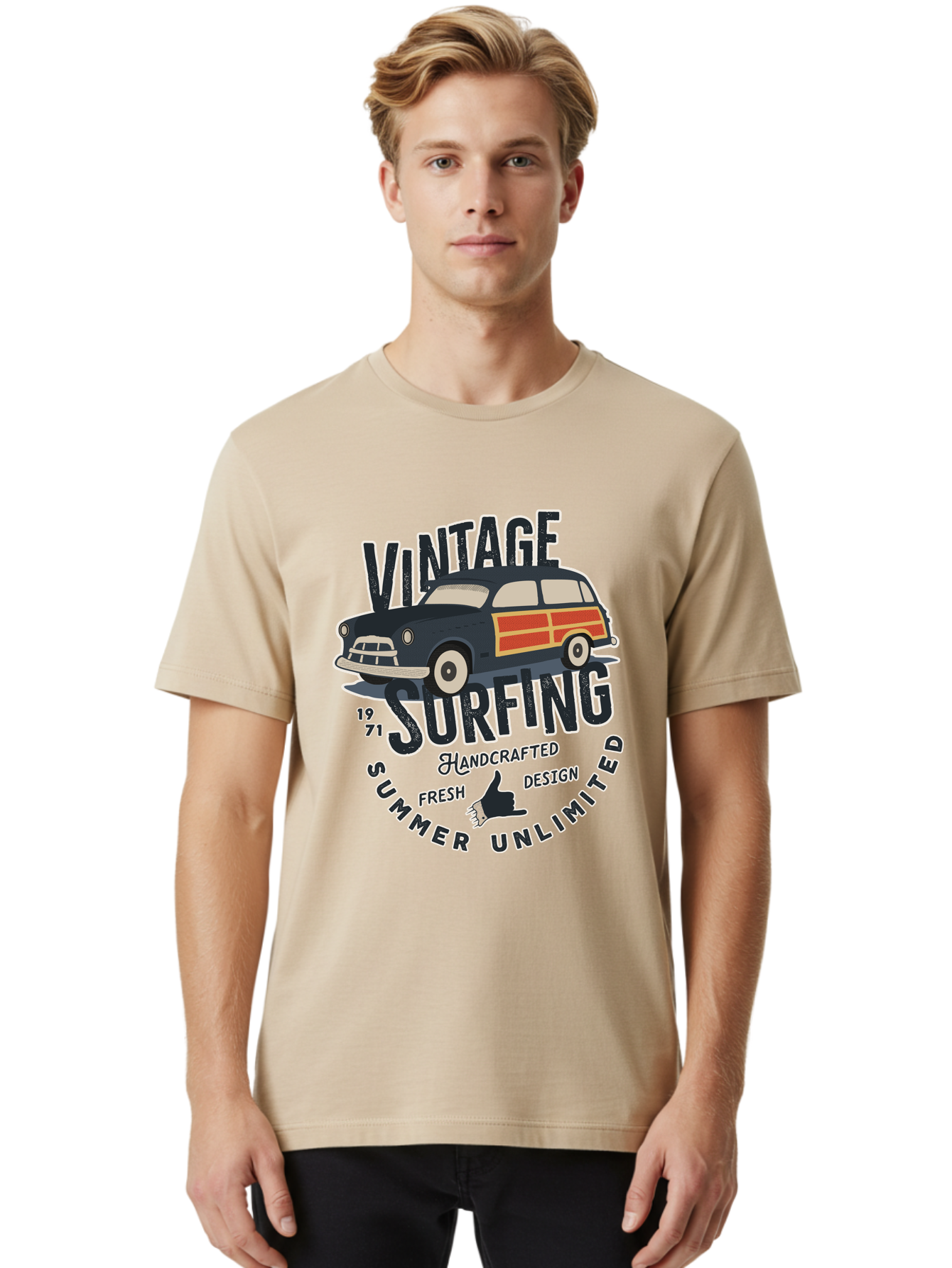Vintage-Surfing-2 Men'S Graphic Tee, 100% Cotton, Comfortable Casual Summer Wear, Machine Washable, Vintage Surf Car, Surf Culture, Summer Vibes, Retro Design, Handmade Graphics, Shaka Sign, Coastal Style, Surf-Inspired Art, Nostalgic Feel, Aab960