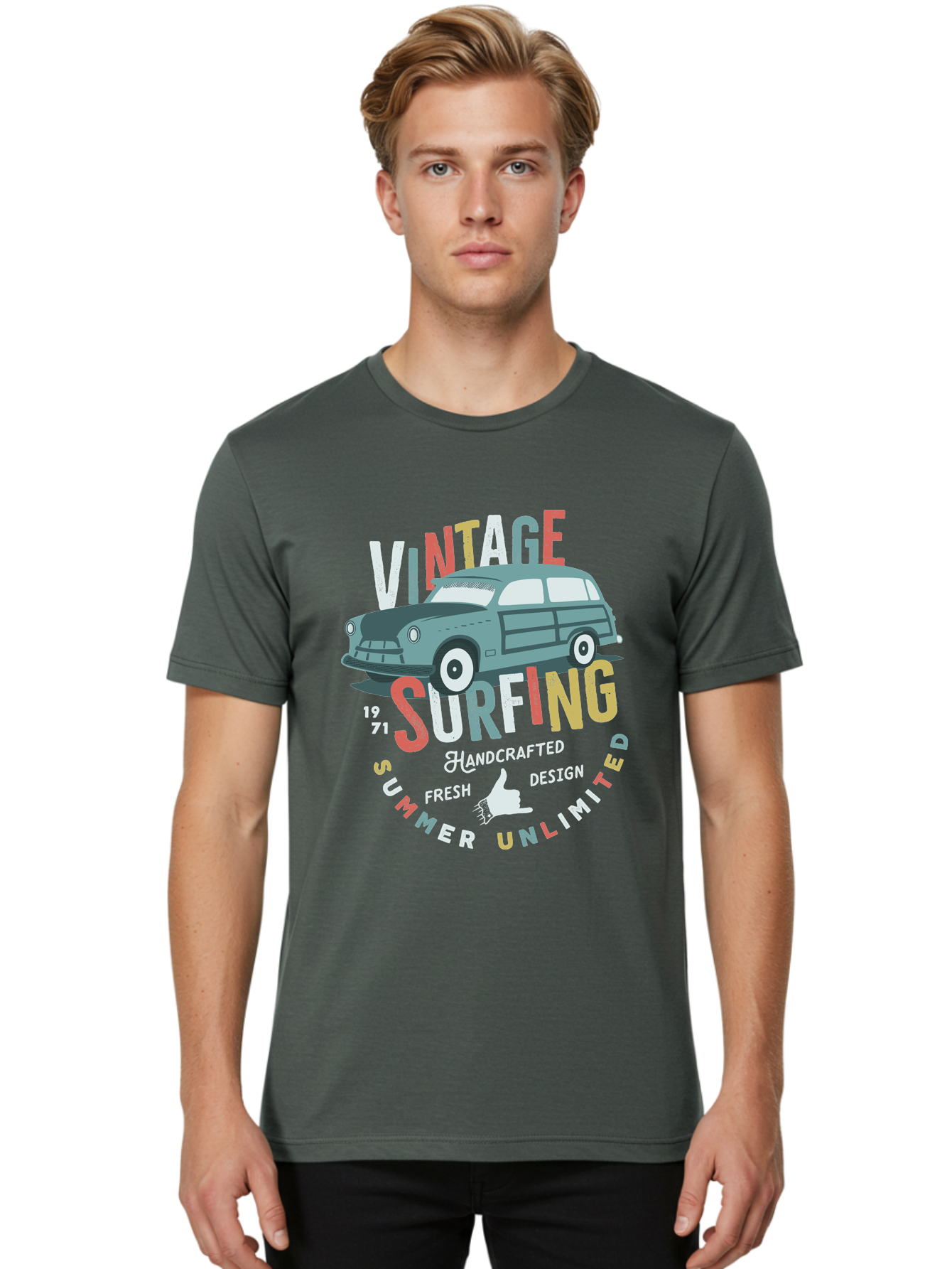 Vintage-Surfing Men'S Graphic Tee, 100% Cotton, Comfortable Casual Summer Wear, Machine Washable, Vintage Car, Surfing Culture, Handcrafted Design, Summer Vibes, Retro Style, Fresh Design, Thumbs Up, 1971, Unlimited Summer, Nostalgic Feel, Aab961