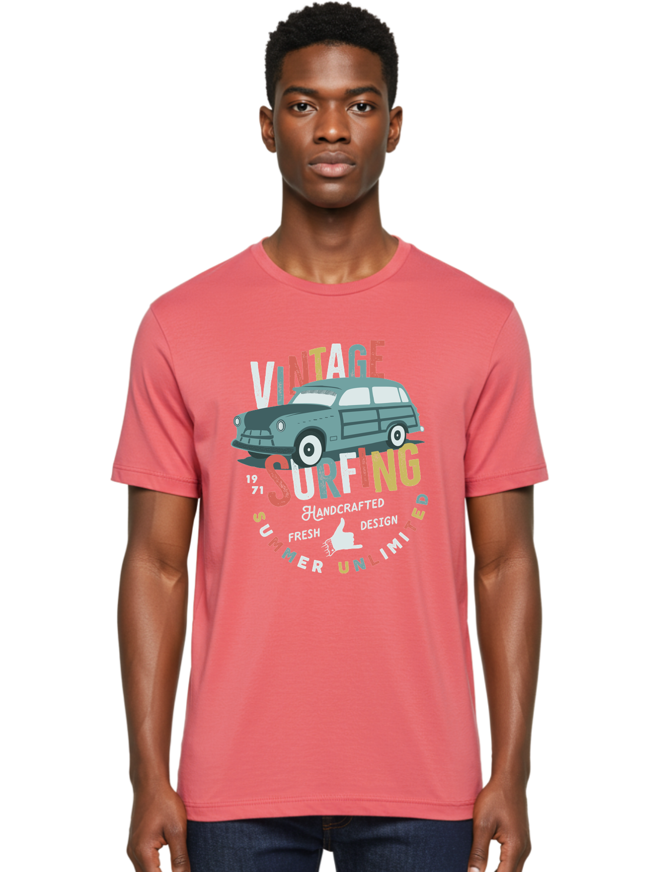 Vintage-Surfing Men'S Graphic Tee, 100% Cotton, Comfortable Casual Summer Wear, Machine Washable, Vintage Car, Surfing Culture, Handcrafted Design, Summer Vibes, Retro Style, Fresh Design, Thumbs Up, 1971, Unlimited Summer, Nostalgic Feel, Aab961