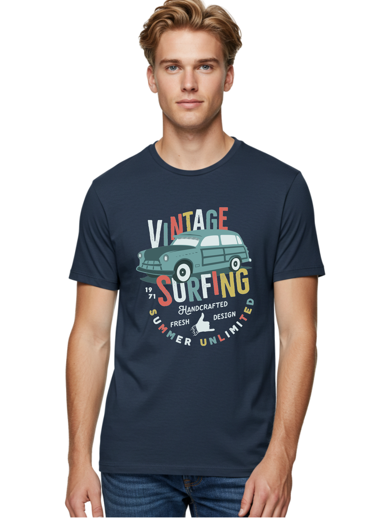 Vintage-Surfing Men'S Graphic Tee, 100% Cotton, Comfortable Casual Summer Wear, Machine Washable, Vintage Car, Surfing Culture, Handcrafted Design, Summer Vibes, Retro Style, Fresh Design, Thumbs Up, 1971, Unlimited Summer, Nostalgic Feel, Aab961