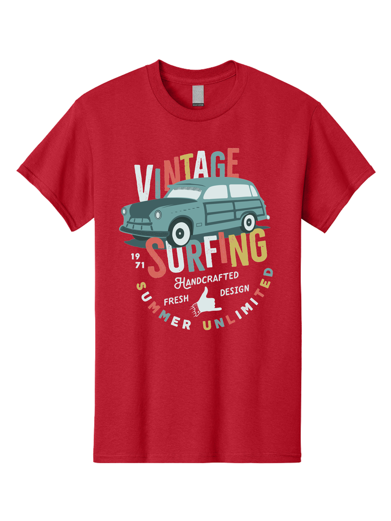 Vintage-Surfing Men'S Graphic Tee, 100% Cotton, Comfortable Casual Summer Wear, Machine Washable, Vintage Car, Surfing Culture, Handcrafted Design, Summer Vibes, Retro Style, Fresh Design, Thumbs Up, 1971, Unlimited Summer, Nostalgic Feel, Aab961