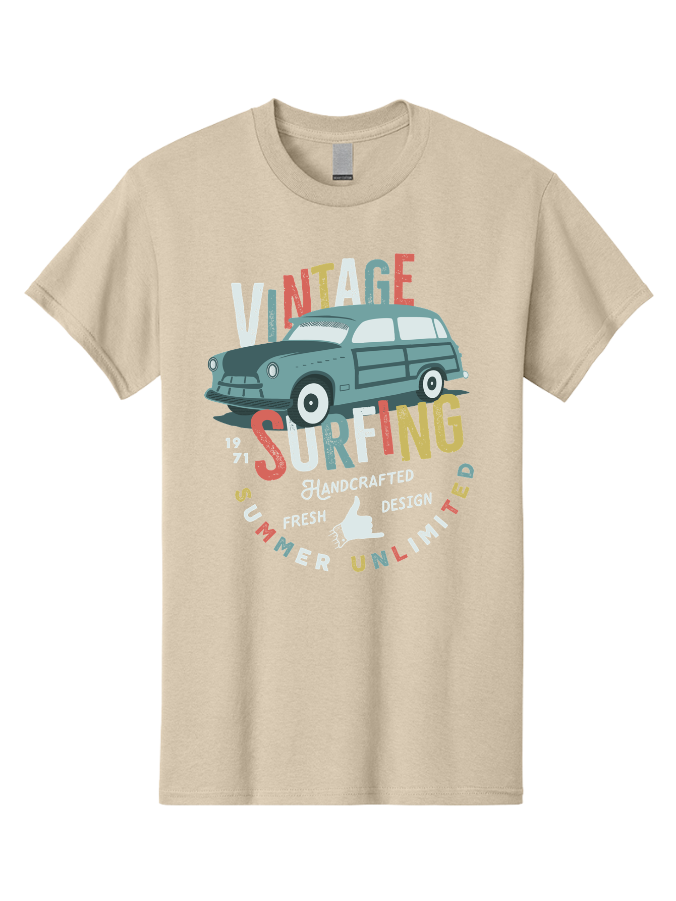 Vintage-Surfing Men'S Graphic Tee, 100% Cotton, Comfortable Casual Summer Wear, Machine Washable, Vintage Car, Surfing Culture, Handcrafted Design, Summer Vibes, Retro Style, Fresh Design, Thumbs Up, 1971, Unlimited Summer, Nostalgic Feel, Aab961