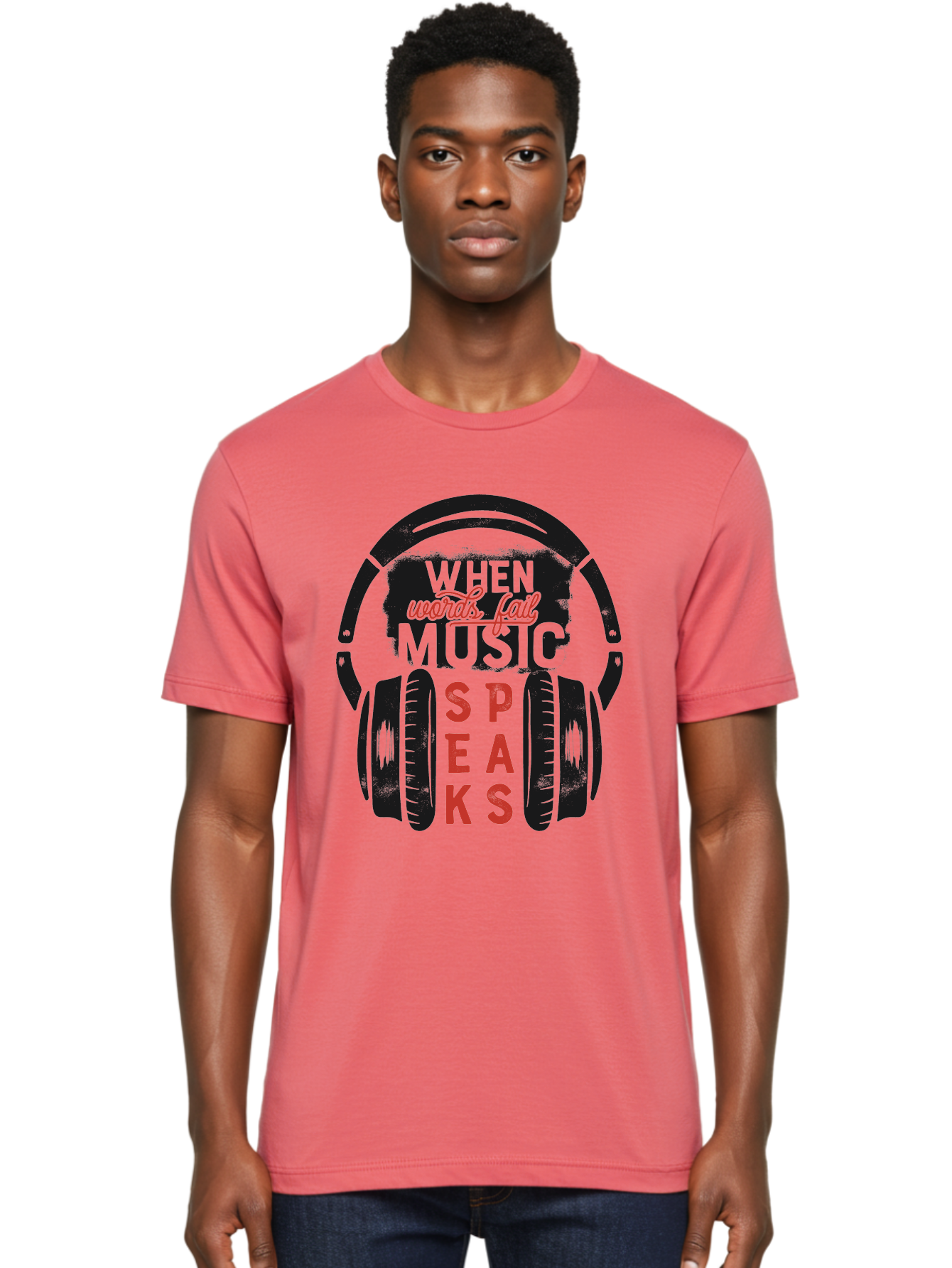 When-Words-Fail-Music-Speaks Men'S Graphic Tee, 100% Cotton, Comfortable Casual Summer Wear, Machine Washable, Inspirational Quote, Music Lover, Headphone Illustration, Motivational Phrase, Music Speaks, Words Fail, Sound Waves, Music Art Aab963
