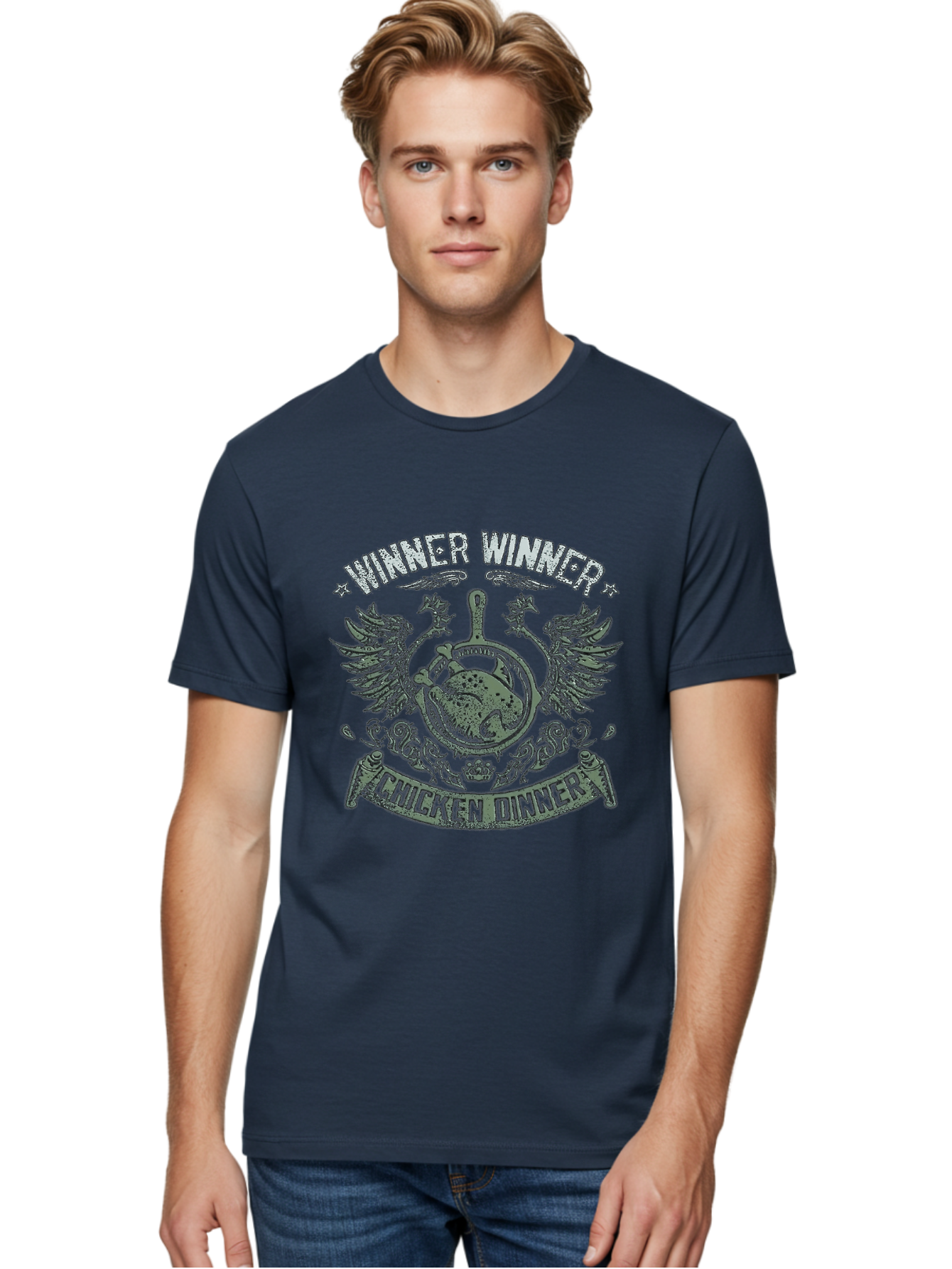 Winner-Winner-Chicken-Dinner Men'S Graphic Tee, 100% Cotton, Comfortable Casual Summer Wear, Machine Washable, Vintage-Style Emblem, Chicken Dinner Logo, Victorious Theme, Culinary Badge, Winner Winner, Chicken Dinner, Bold Typography, Aab965