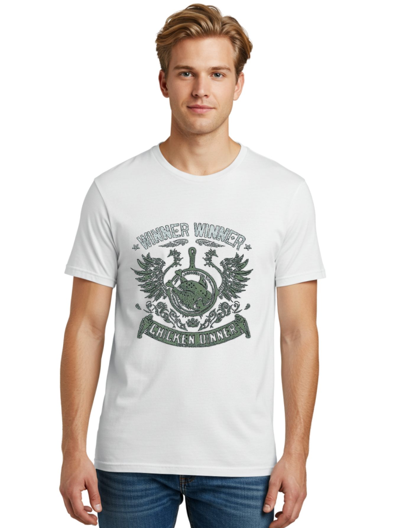 Winner-Winner-Chicken-Dinner Men'S Graphic Tee, 100% Cotton, Comfortable Casual Summer Wear, Machine Washable, Vintage-Style Emblem, Chicken Dinner Logo, Victorious Theme, Culinary Badge, Winner Winner, Chicken Dinner, Bold Typography, Aab965